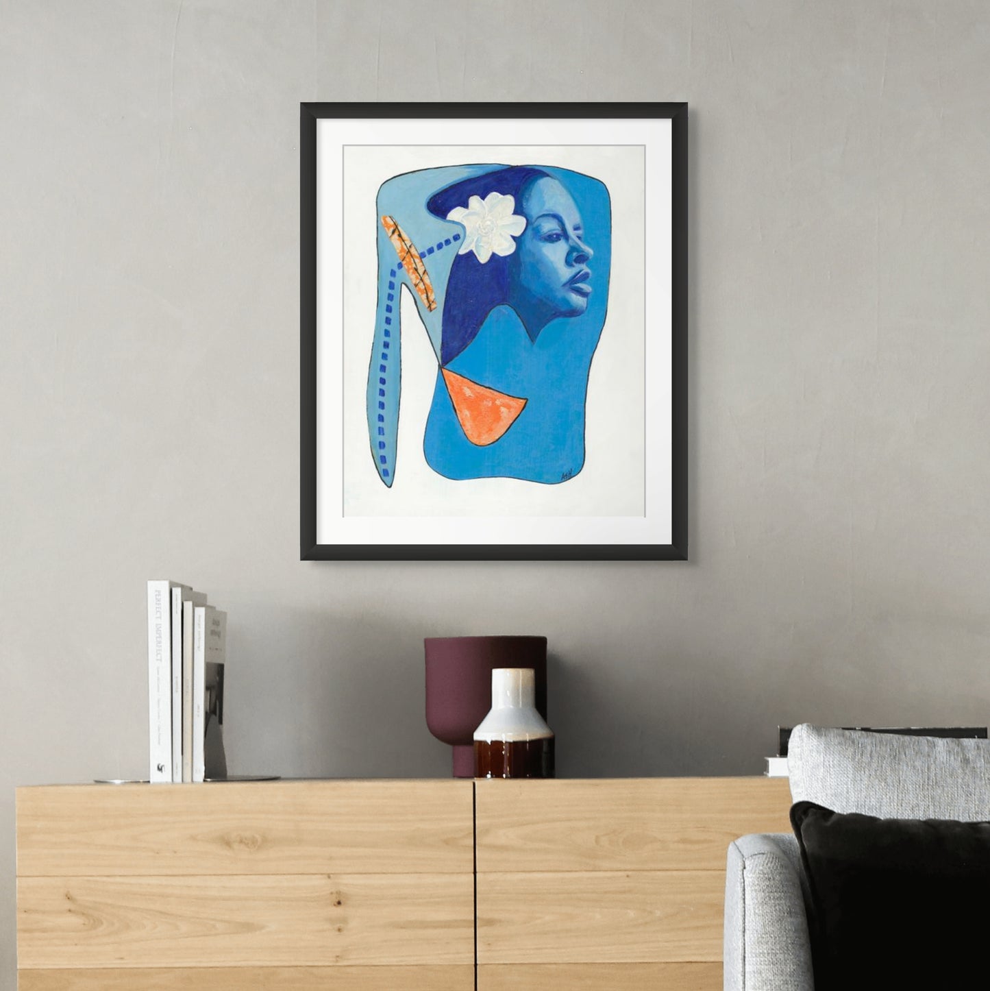 Billie's Blues - Continuous Line Fine Art Print -  Billie Holiday art - framed print over cabinet