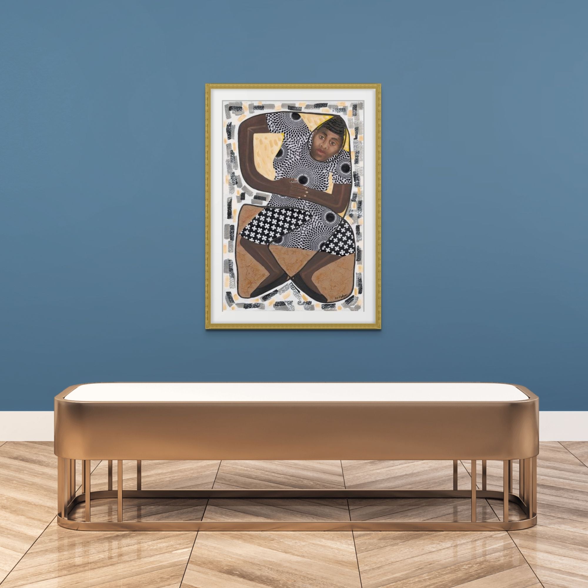 How Low Can You Go? - Framed Print - African heritage art hung on teal wall with gold frame