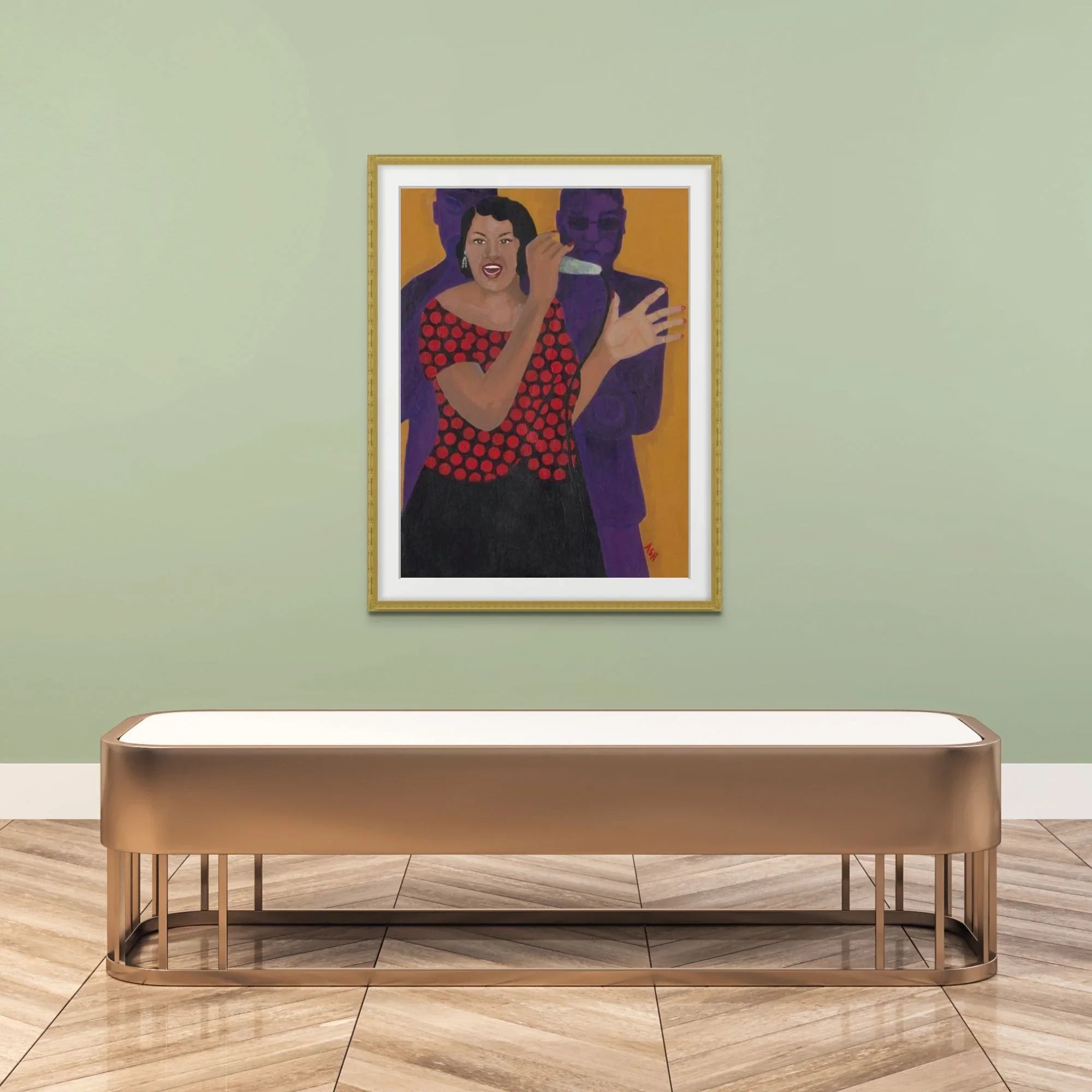 Jazz Singer - Framed Vocalist Fine Art Print - framed in gold hanging in a gallery