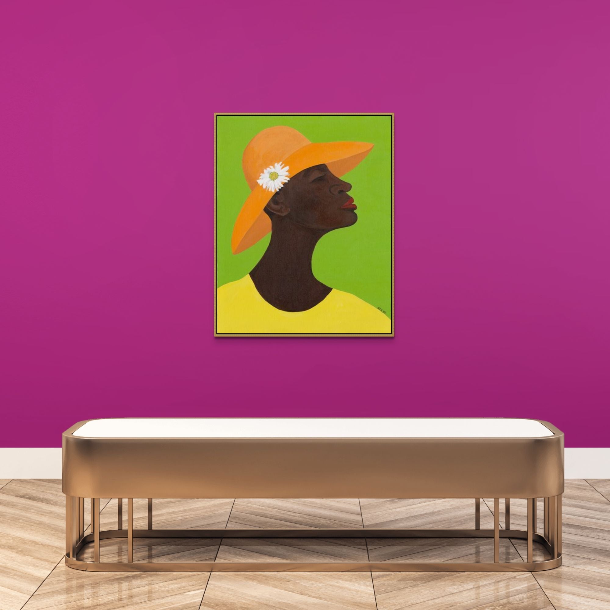 Annabelle's New Hat - Framed Canvas Print -  African American Art - on purple gallery wall with gold bench