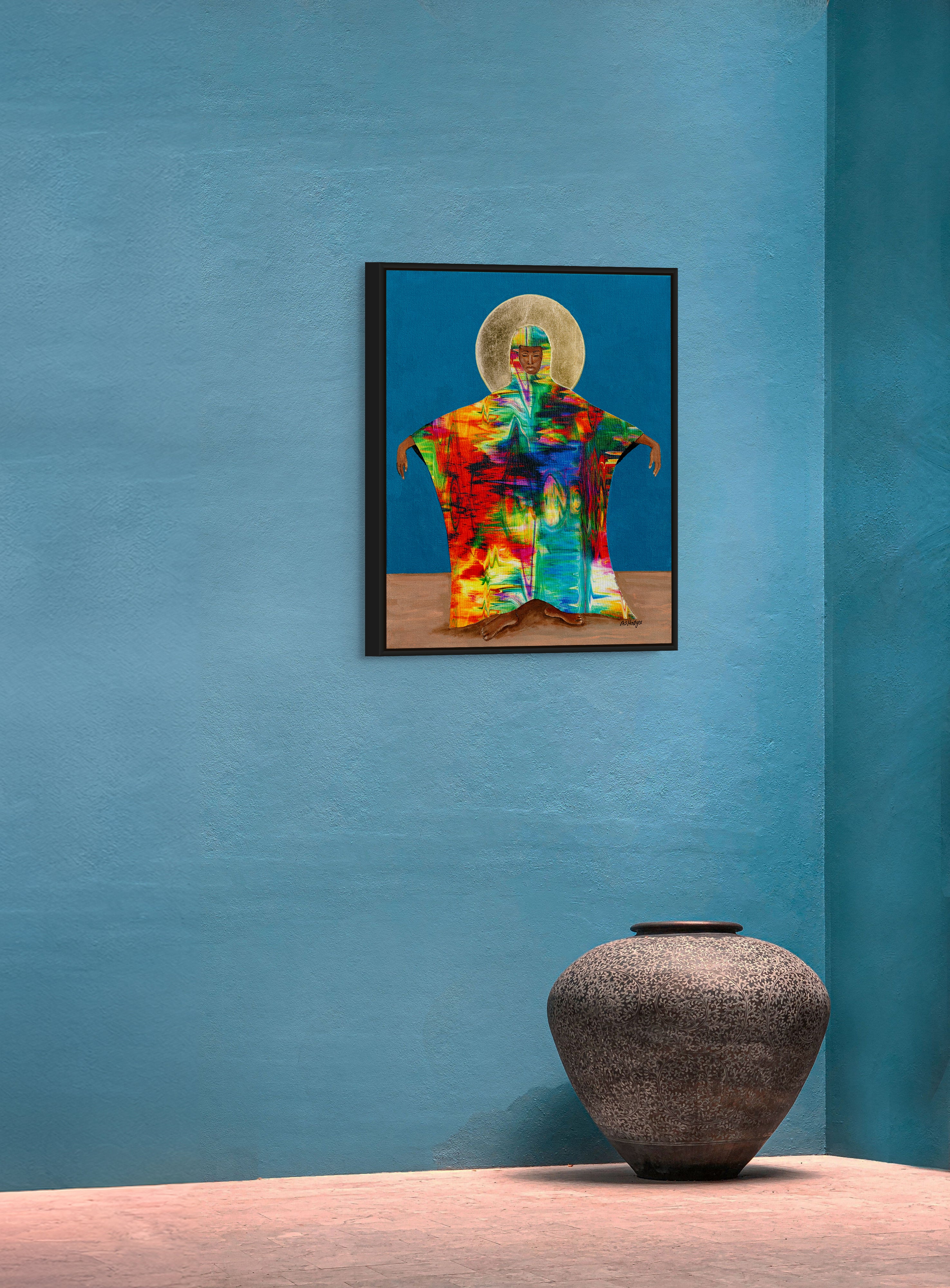 Mother Earth - Framed Stretched Canvas Print - Colorful Black Art - hung on teal wall