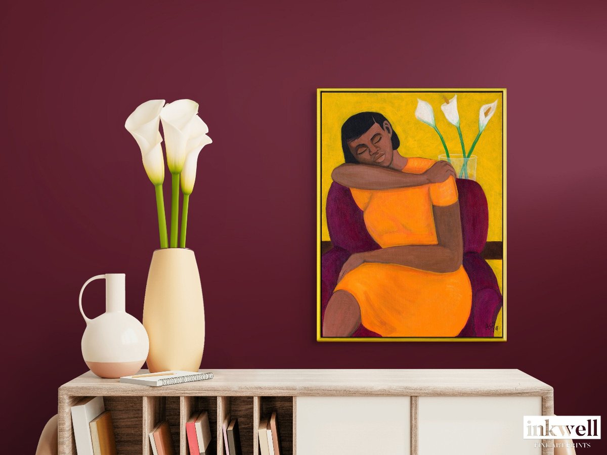 A Quiet Moment - Framed decor - hung on purple wall above a white media cabnet