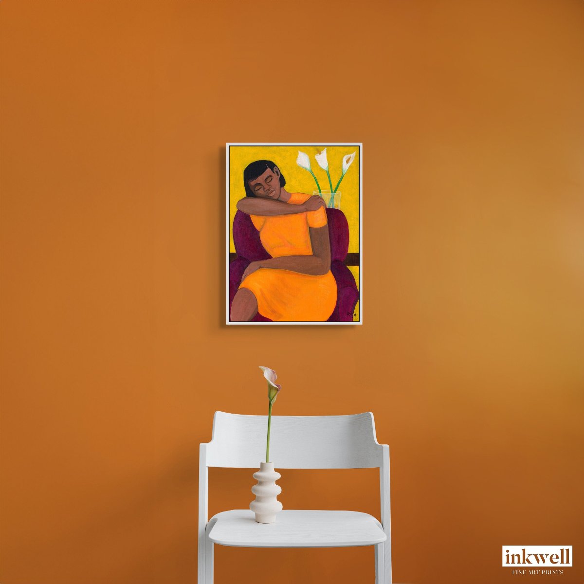 A Quiet Moment - Framed decor -  hung above a white chair on orange wall