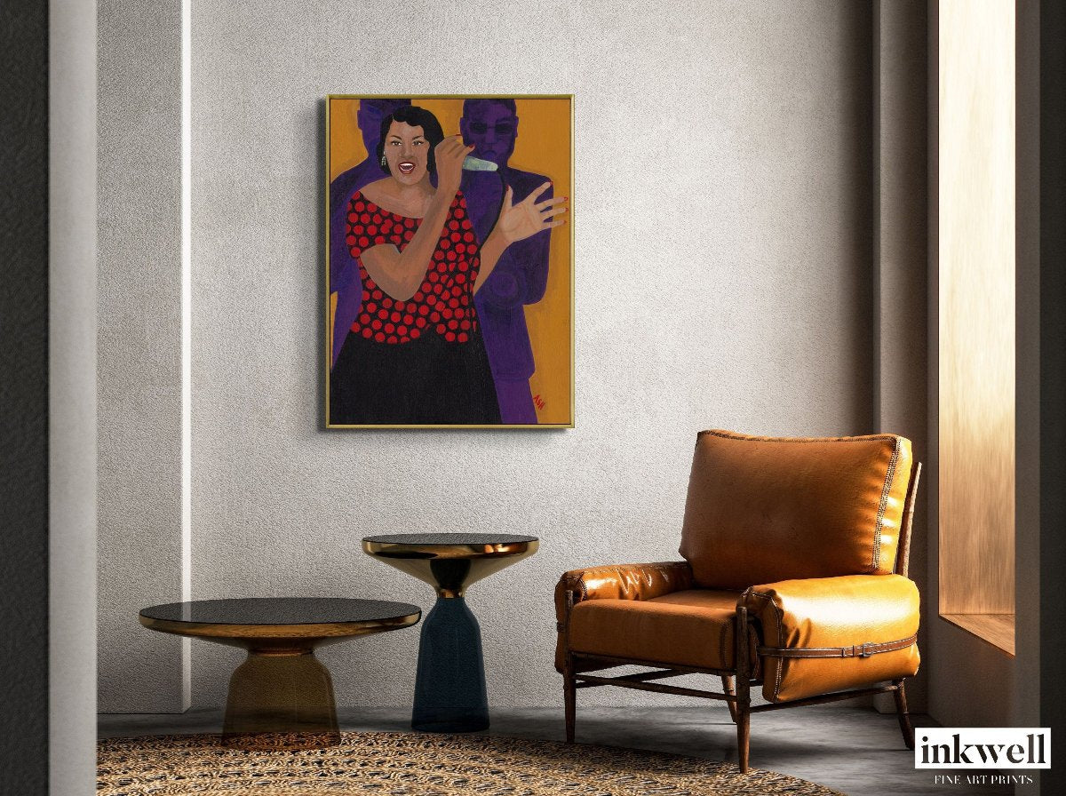 Jazz Singer - Framed Stretched Canvas Print - Black Musical Themed Art - artwork for lounge or club