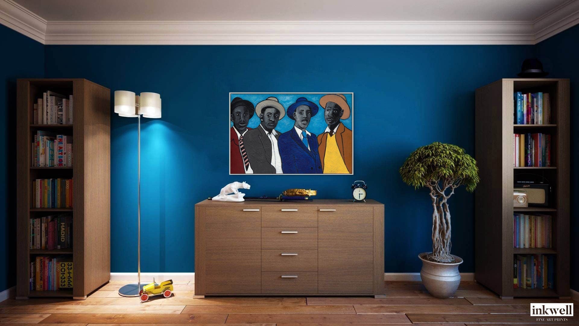 Four Guys - Framed Stretched Canvas Print - Black Men Wall Art - on blue wall