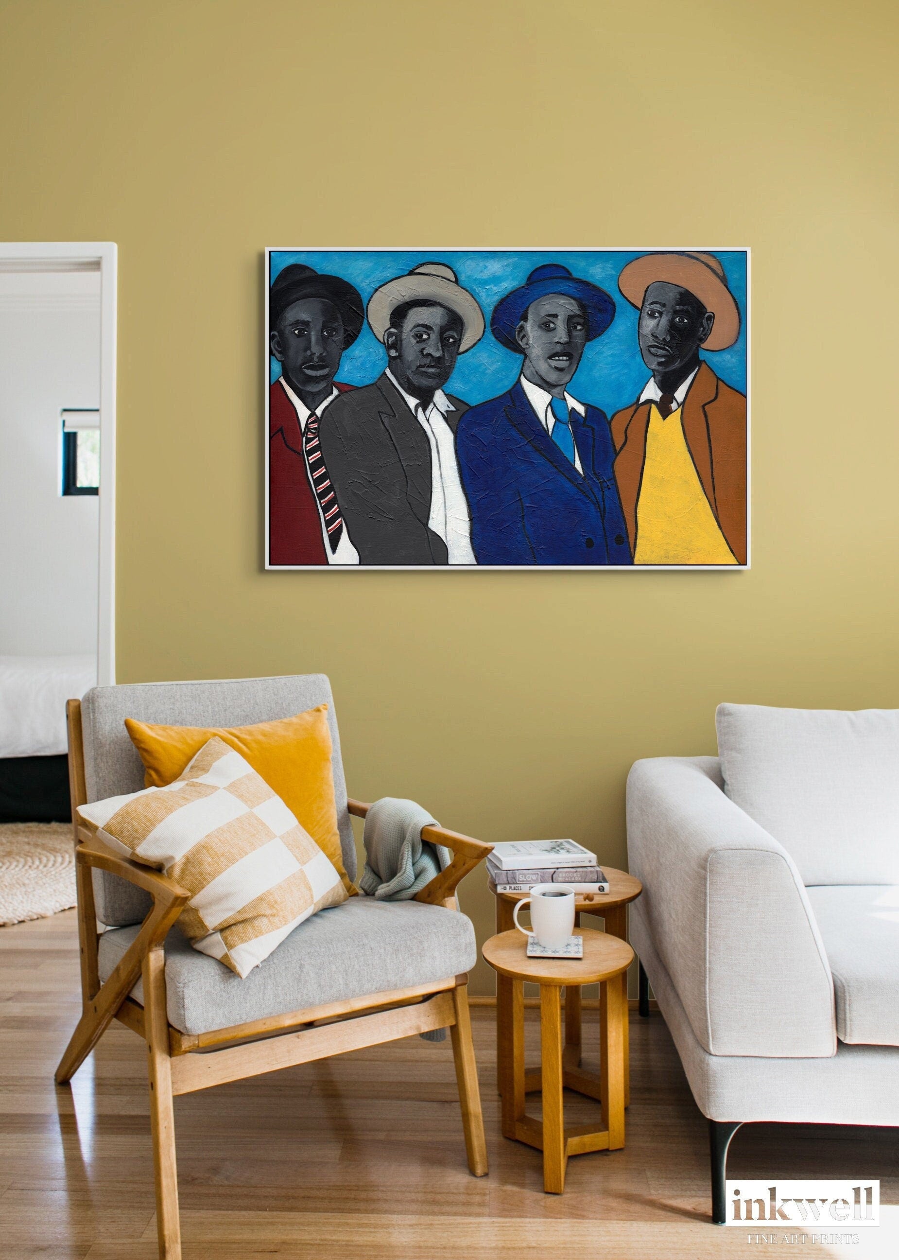 Four Guys - Framed Stretched Canvas Print - Black Men Wall Art - wall art for living room