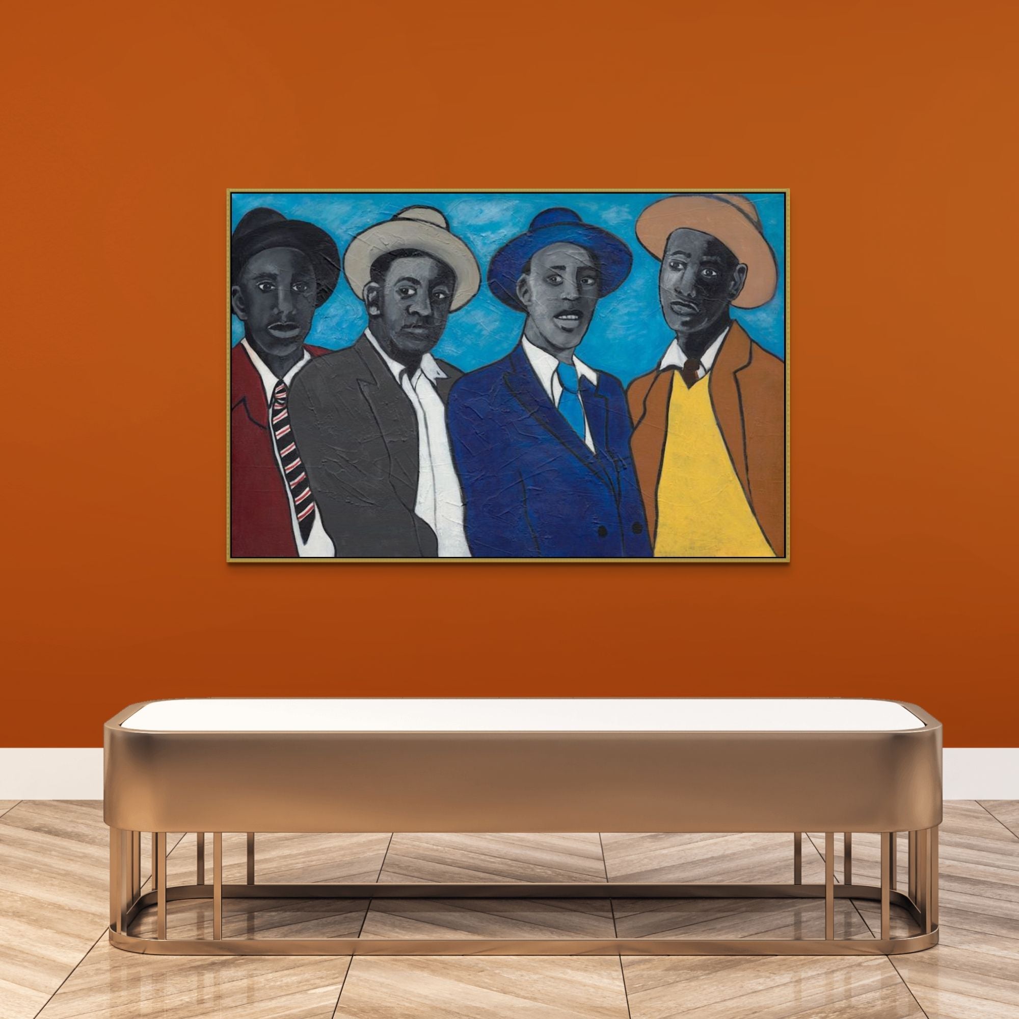 Four Guys - Framed Stretched Canvas Print - Black Men Wall Art - framed in gold on gallery wall