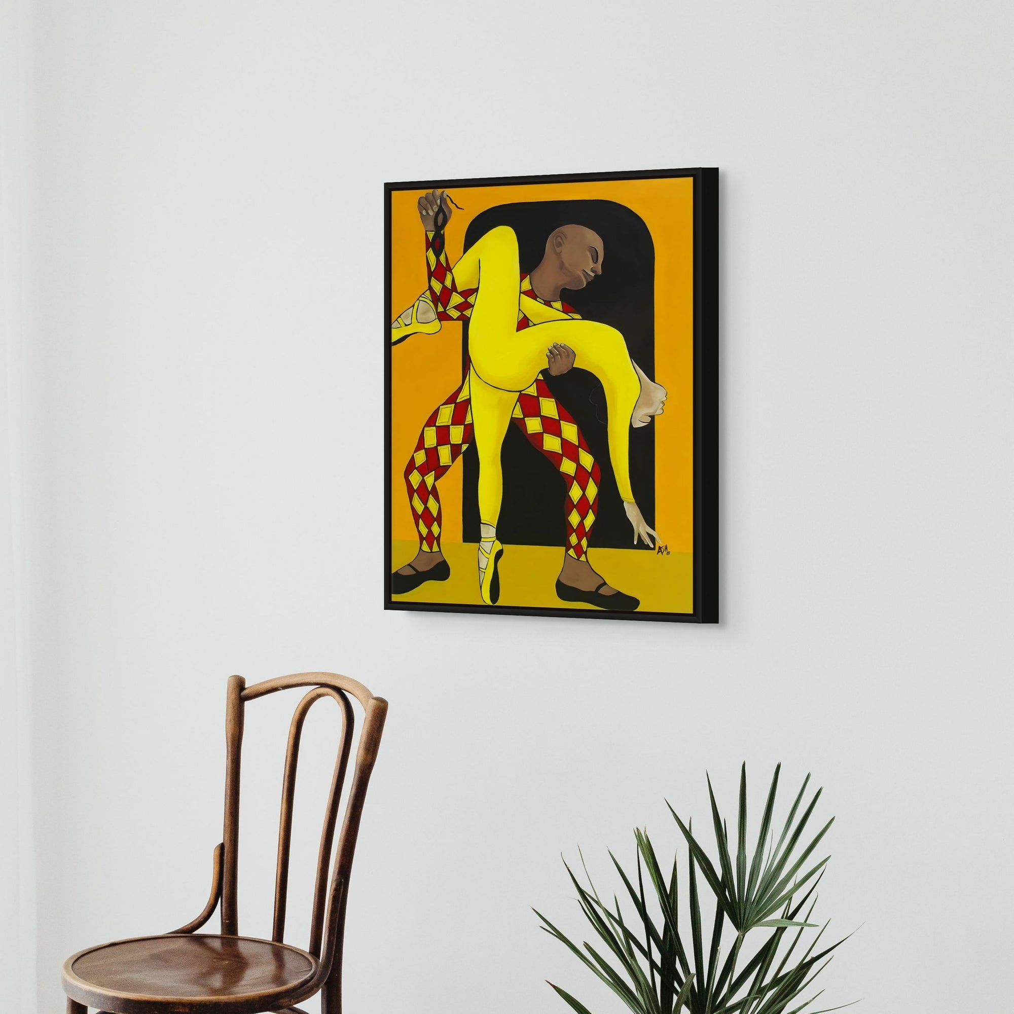 Dance of the Harlequin - Framed Stretched Canvas Print - Dance-inspired Art - hung on white wall above plant