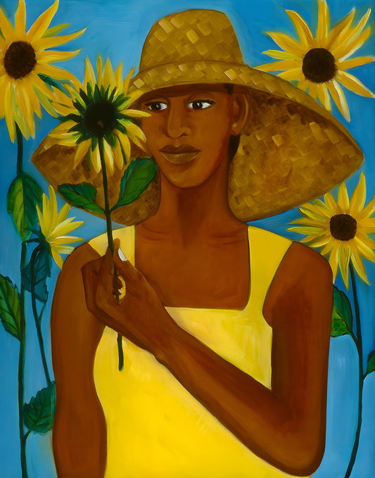 Girl With Sunflower - Framed Stretched Canvas  -  Joyful Black Art Print  - black female painter