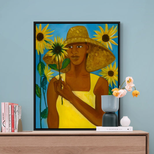 Girl With Sunflower - Framed Stretched Canvas  -  Joyful Black Art Print  - Antionette Simmons Hodges Artwork