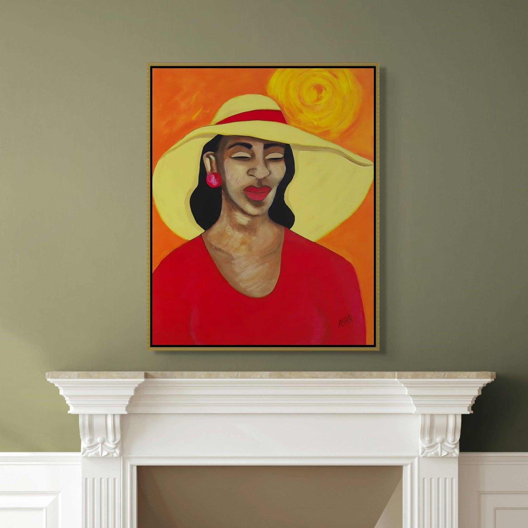Lady In Red -  Framed Stretched Canvas Print - Portrait of Black Elegance -  gift for mom