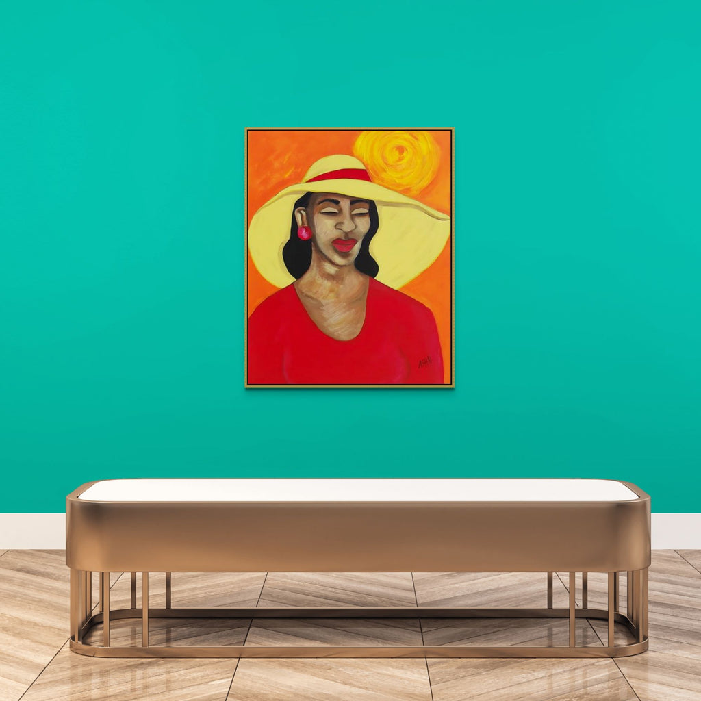 Lady In Red -  Framed Stretched Canvas Print - Portrait of Black Elegance - on green galley wall , framed in gold