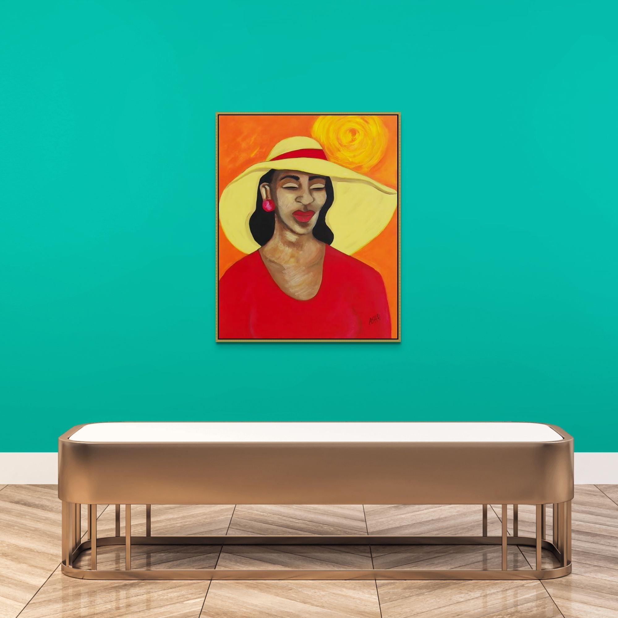 Lady In Red -  Framed Stretched Canvas Print - Portrait of Black Elegance - on green galley wall , framed in gold