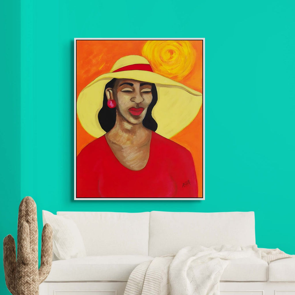 Lady In Red -  Framed Stretched Canvas Print - Portrait of Black Elegance - framed in gold hung on green wall