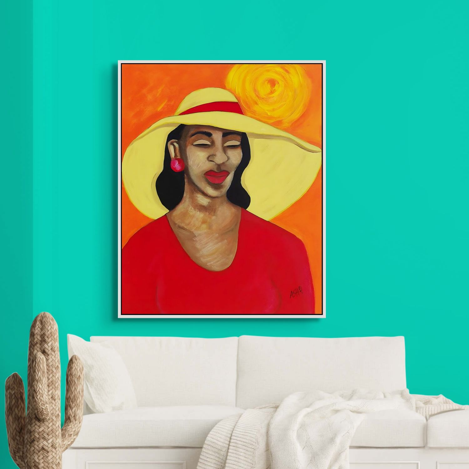 Lady In Red -  Framed Stretched Canvas Print - Portrait of Black Elegance - framed in gold hung on green wall