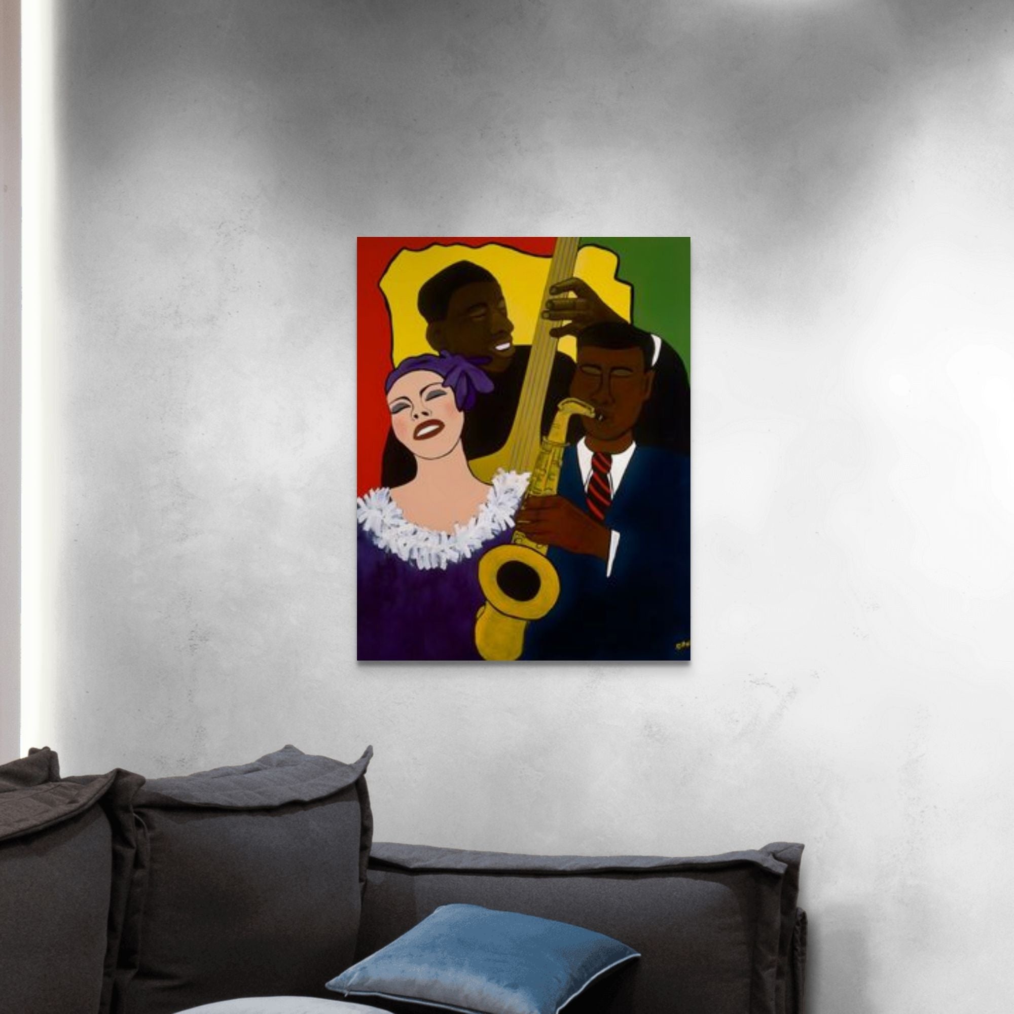 Feelin' The Rhythm - Jazz Music Wall Art - Stretched Canvas Print - hung on white wall above dark gray sofa