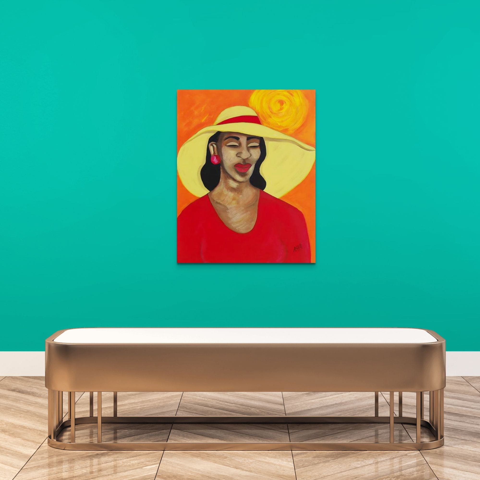 Lady In Red - Stretched Canvas Print -  Colorful Portrait of Black Woman  - in galley in gold frame on green wall