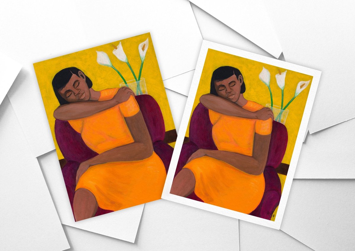 A Quiet Moment - Calla Lilies Fine Art Print - shows print with and without margin on a stack of white paper