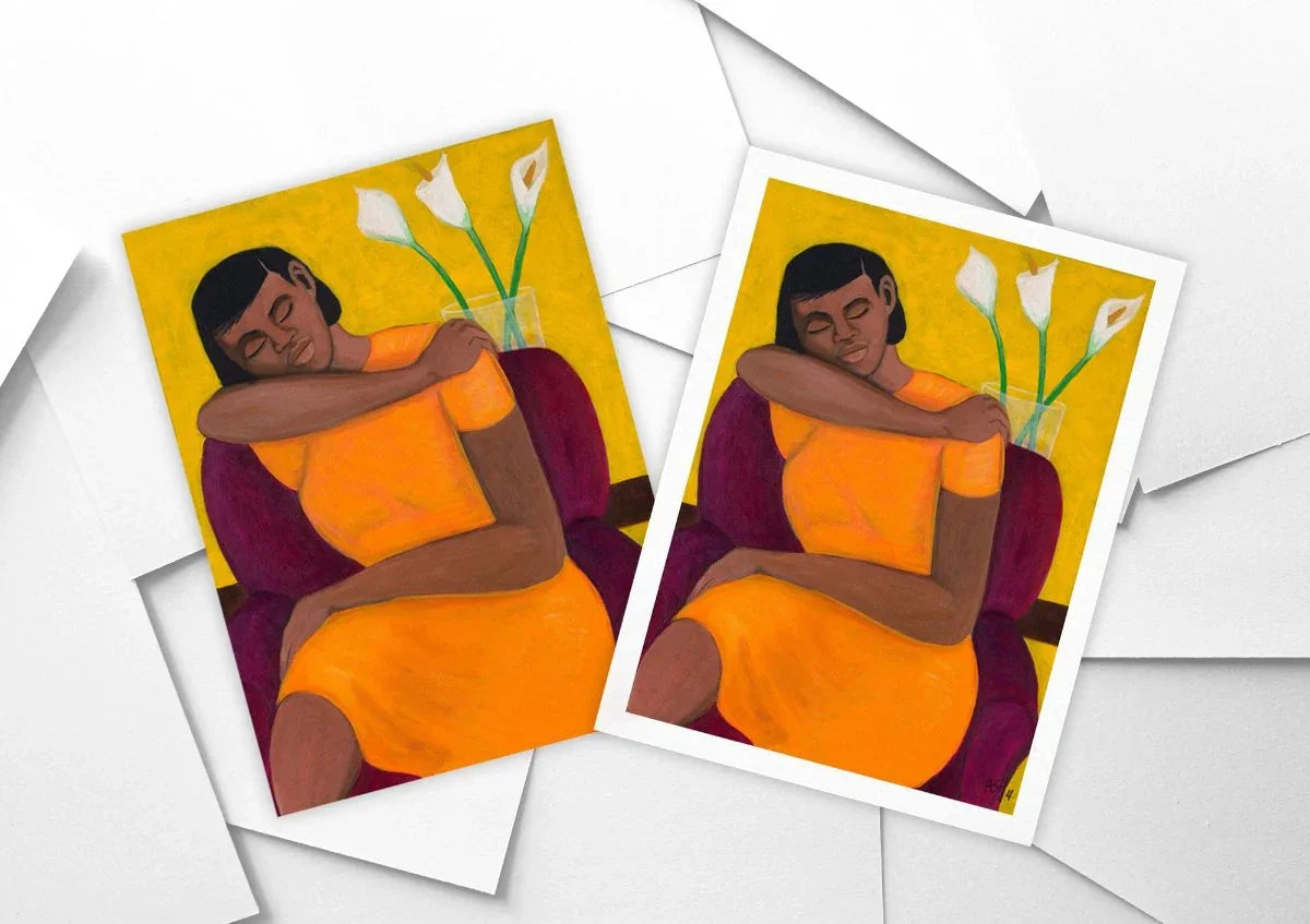 A Quiet Moment - Calla Lilies Fine Art Print - shows print with and without margin on a stack of white paper
