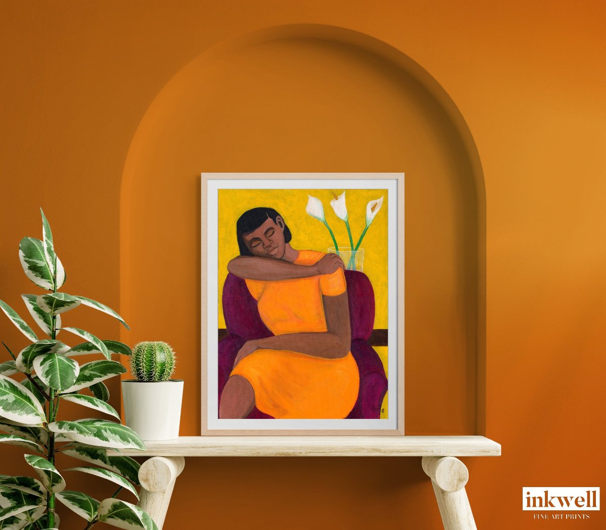A Quiet Moment - Calla Lilies Fine Art Print - framed print under a build in arch sitting on a shelf