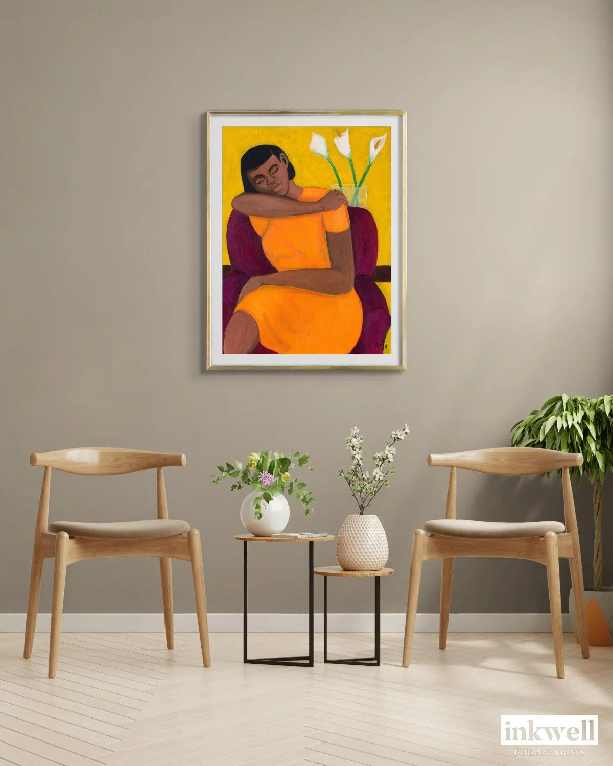 A Quiet Moment - Calla Lilies Fine Art Print - framed print above 2 wood chairs