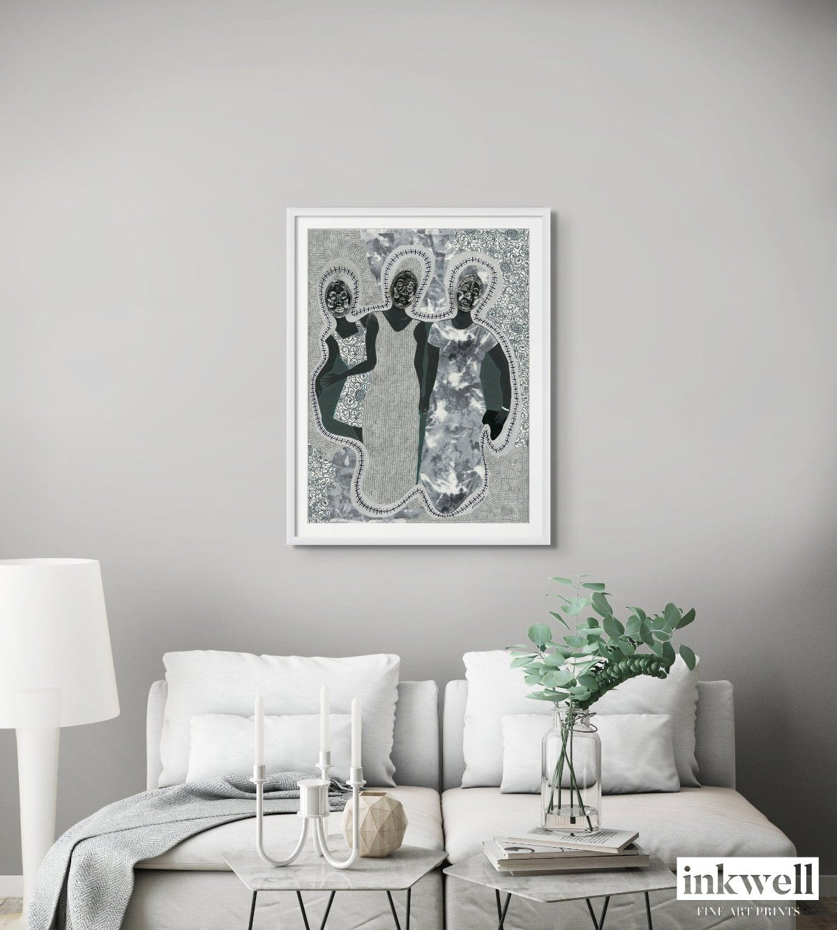 Mirror Mirror - Black Diaspora artwork - Fine Art Print - framed in white wood in living room