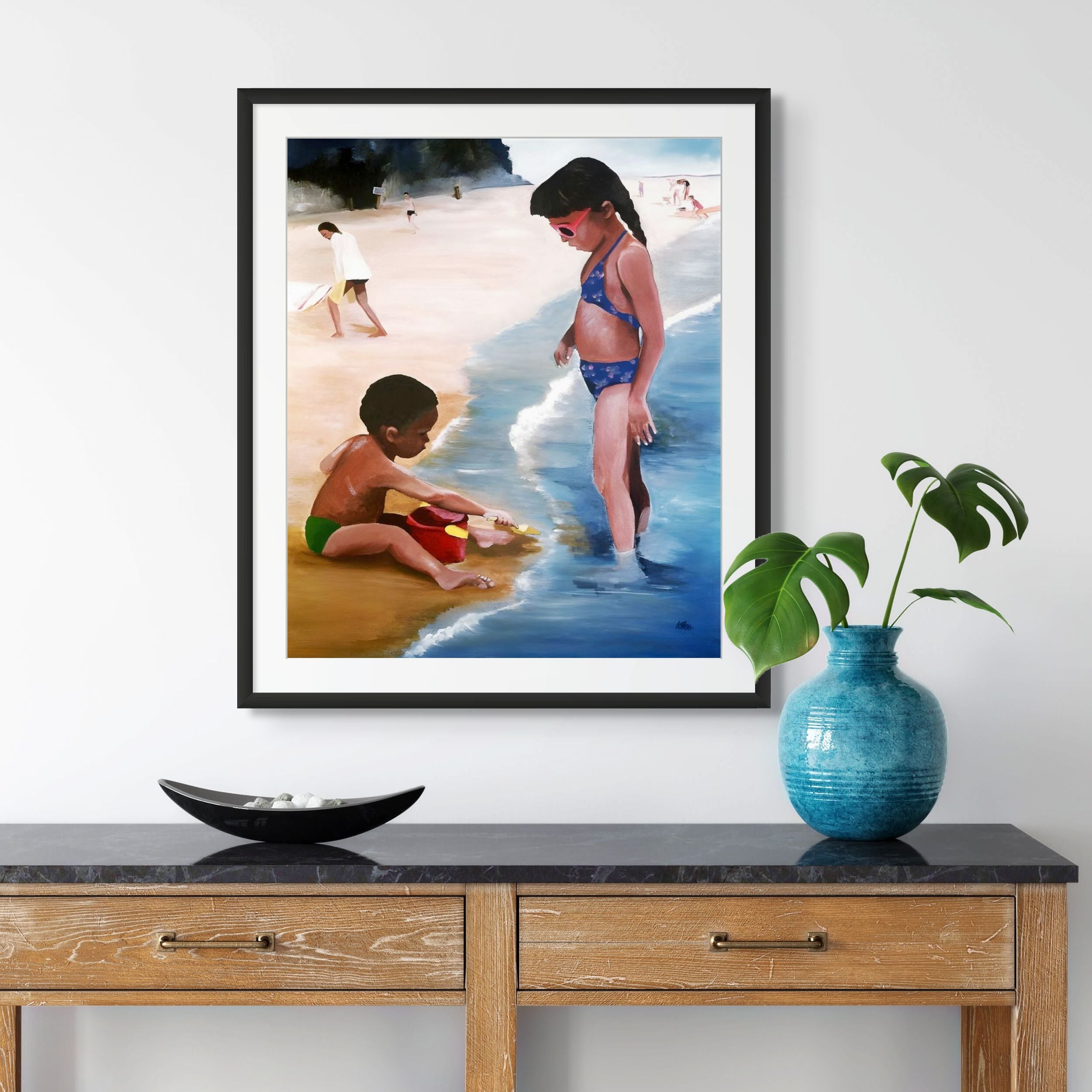 Mommy Said - Black children beach art print - framed print in black wood frame