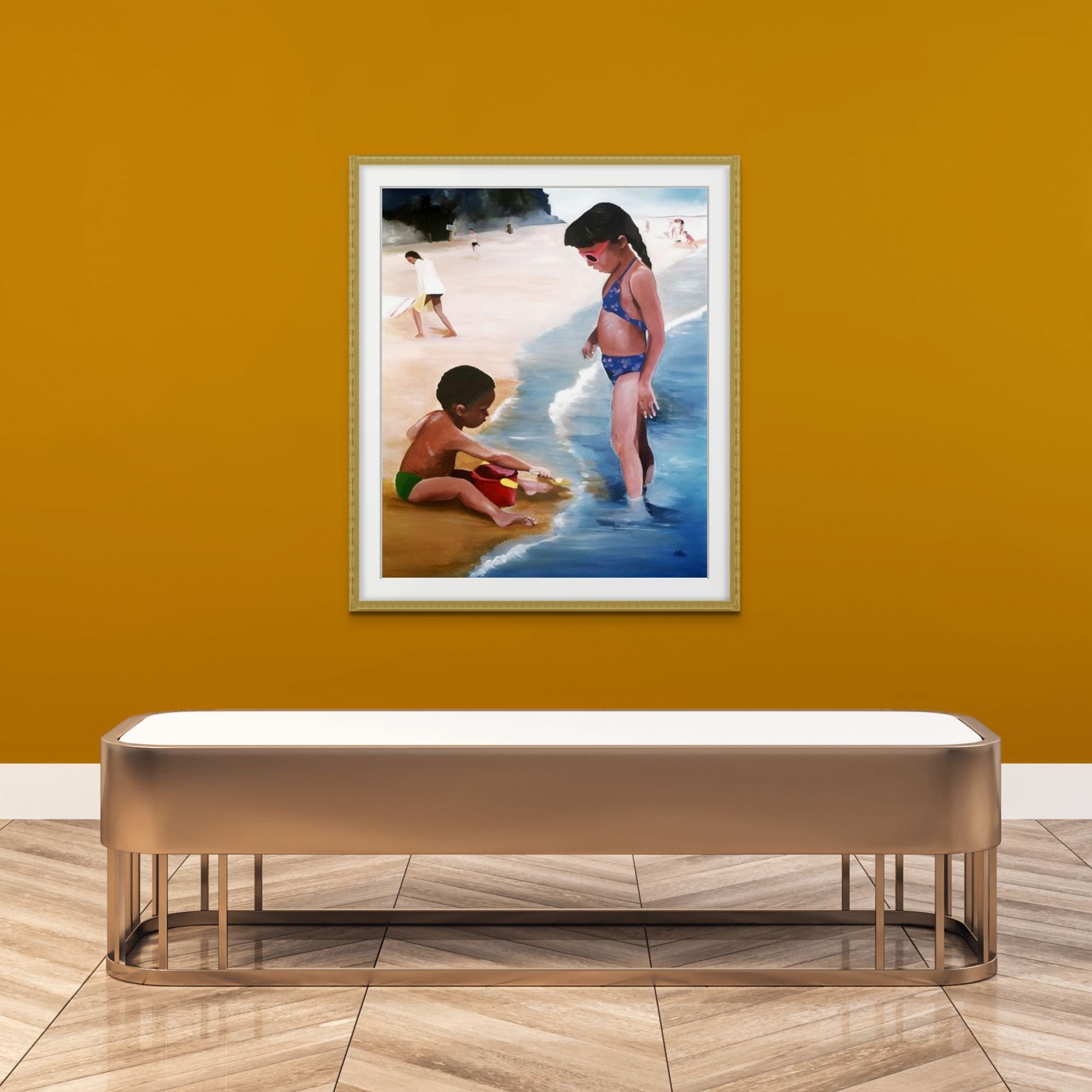 Mommy Said - Black children beach art print - hung in gallery with gold frame