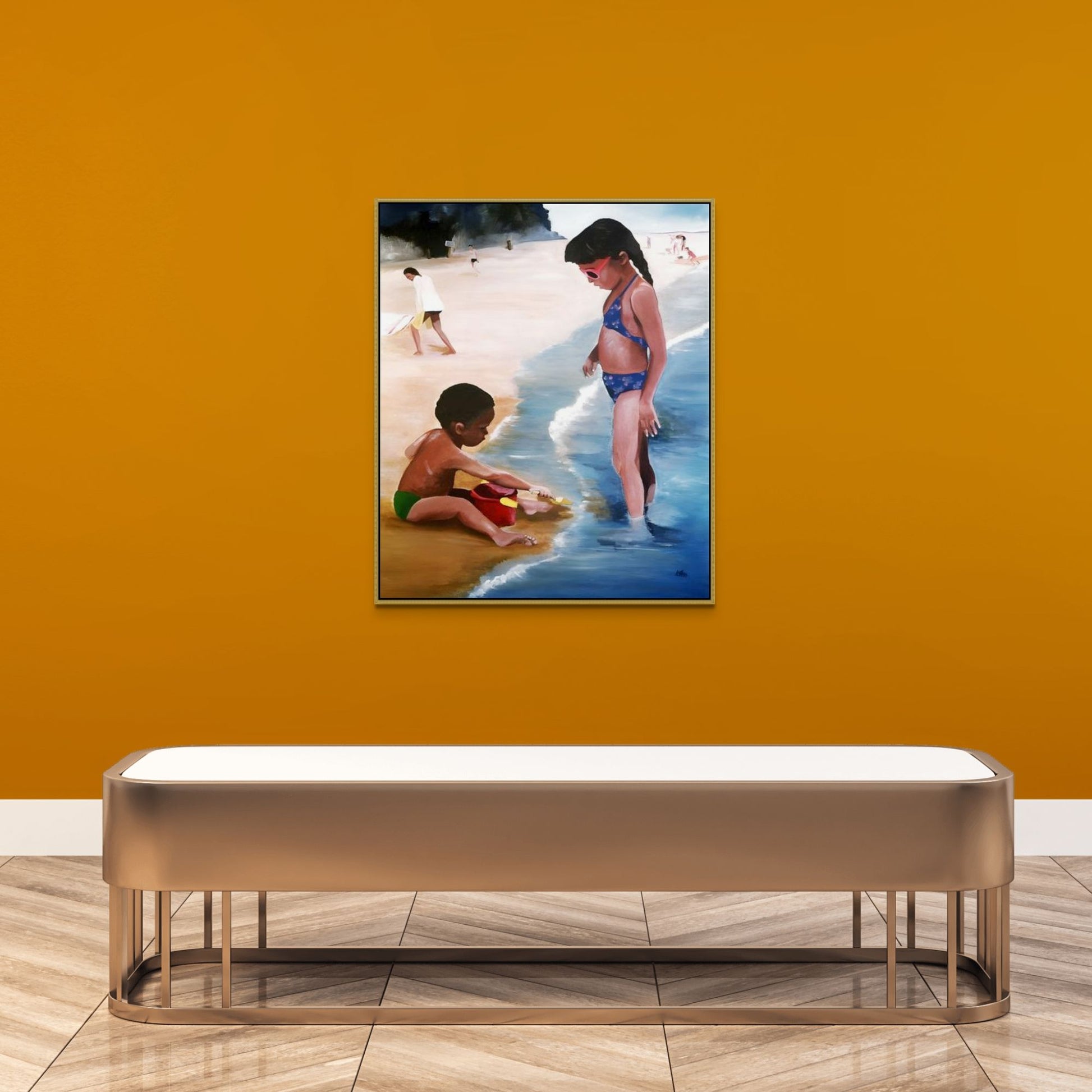 Mommy Said - Framed Beach Art - black boy and Girl print - hung on gallery wall framed in gold
