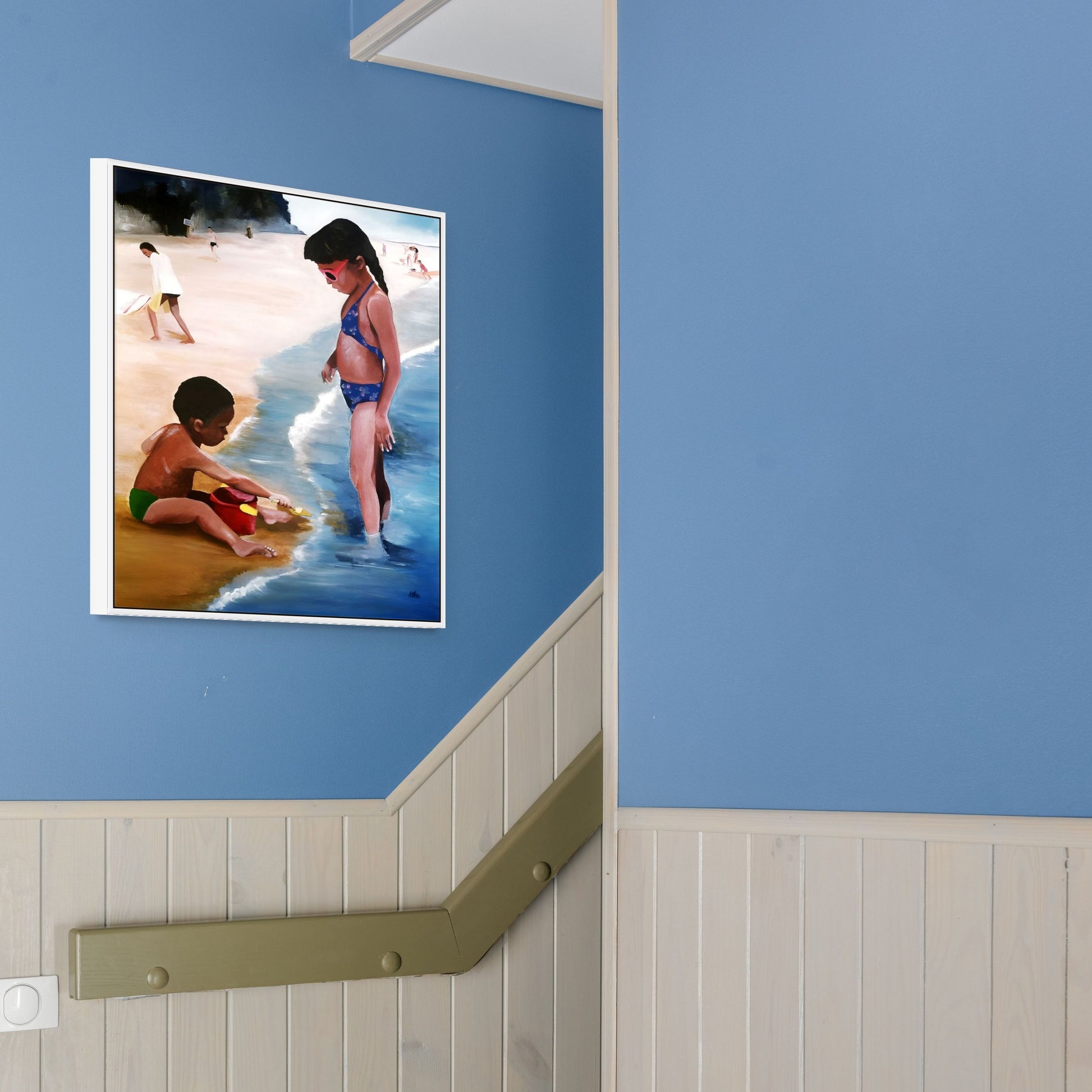 Mommy Said - Framed Beach Art - black boy and Girl print - hung on blue wall at beach house