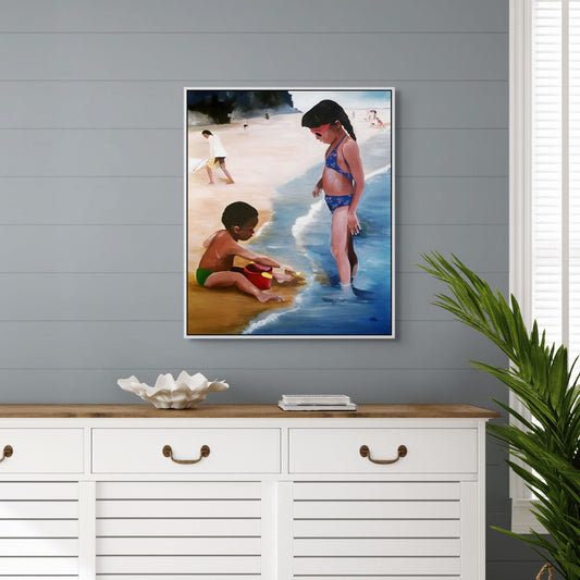 Mommy Said - Framed Beach Art - black boy and Girl print - hung on living room wall above media cabinet