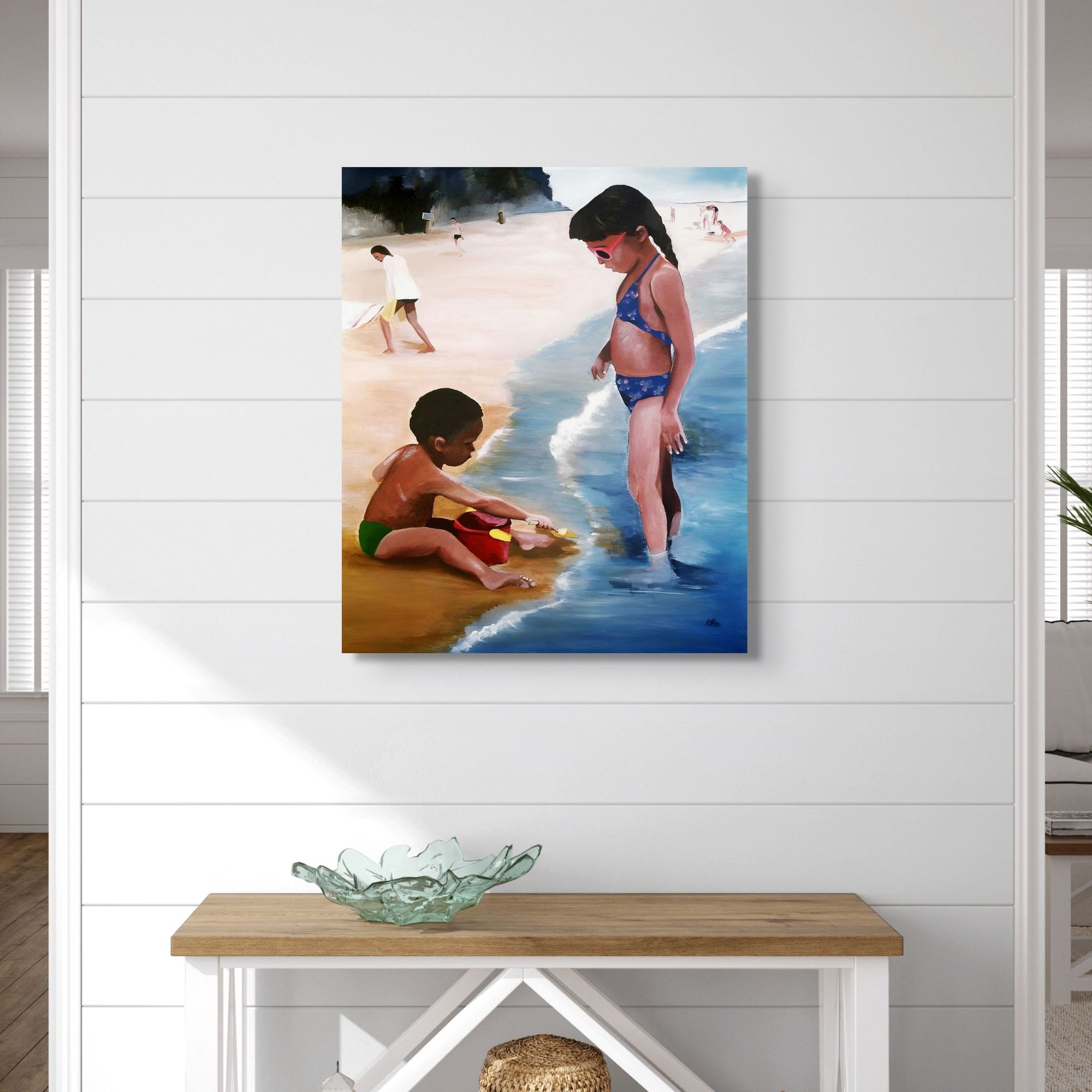 Mommy Said -  Ocean Art Print On Canvas - African American Boy and Girl-artwork for beach house