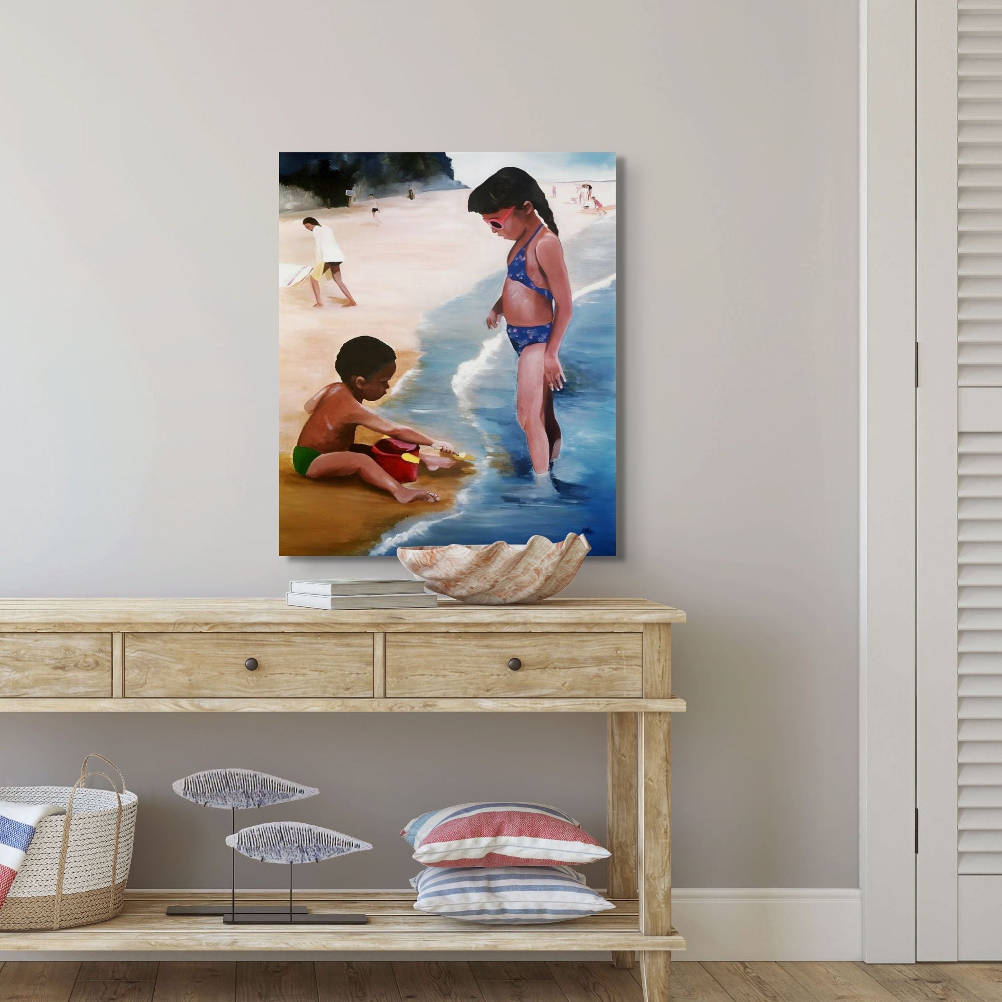 Mommy Said -  Ocean Art Print On Canvas - African American Boy and Girl - artwork for vacation house