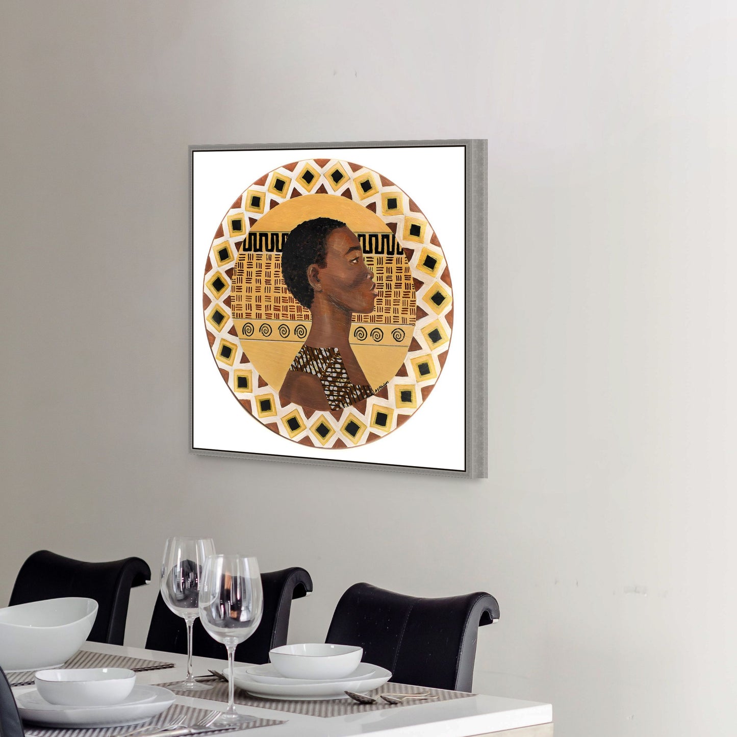 A Dahomey Warrior -  african wall art - Framed Stretched Canvas Print - above a dining table