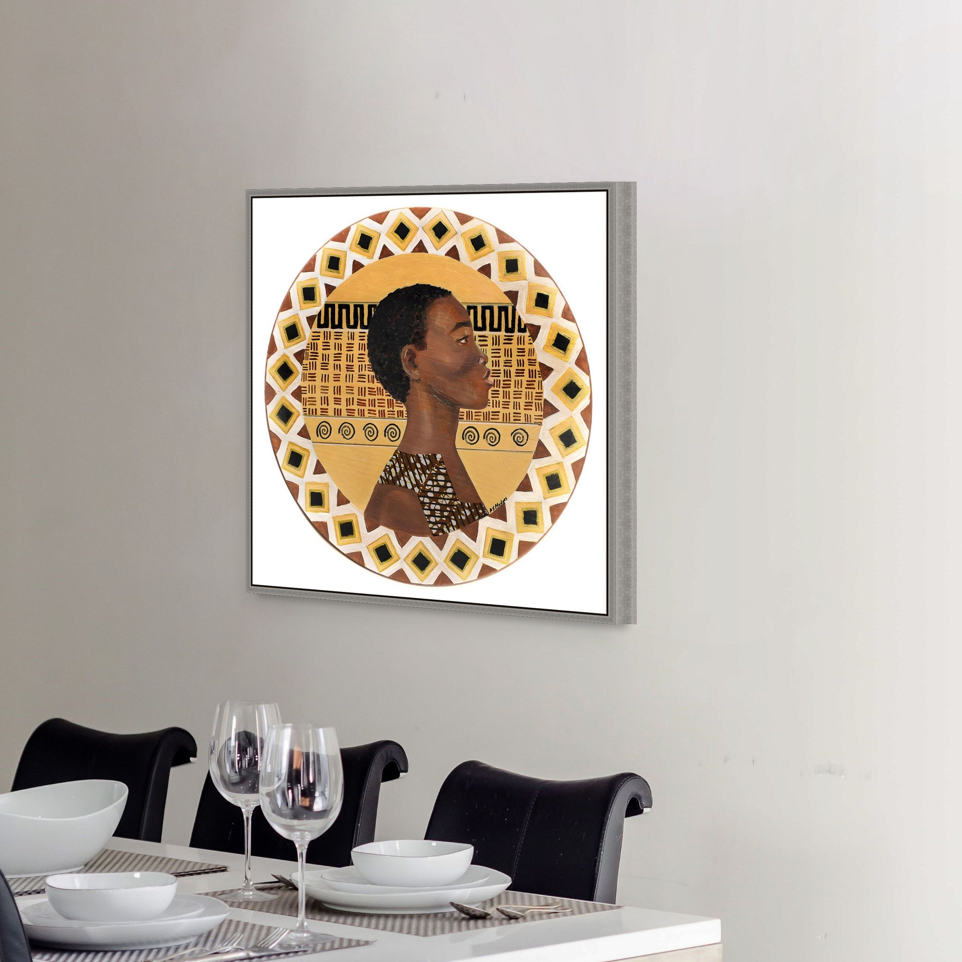 A Dahomey Warrior -  african wall art - Framed Stretched Canvas Print - above a dining table