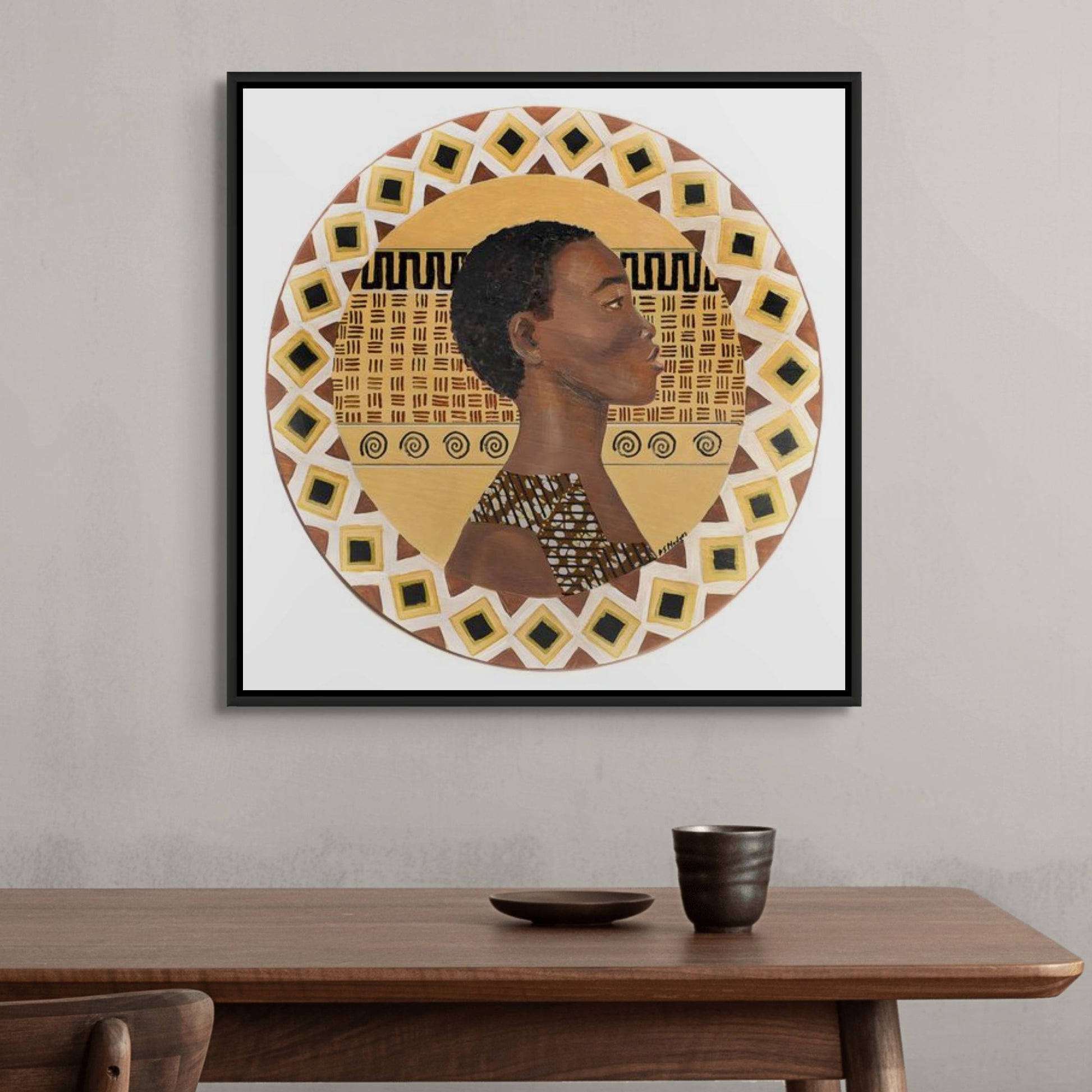A Dahomey Warrior -african wall art - Framed Stretched Canvas Print - framed, above a table