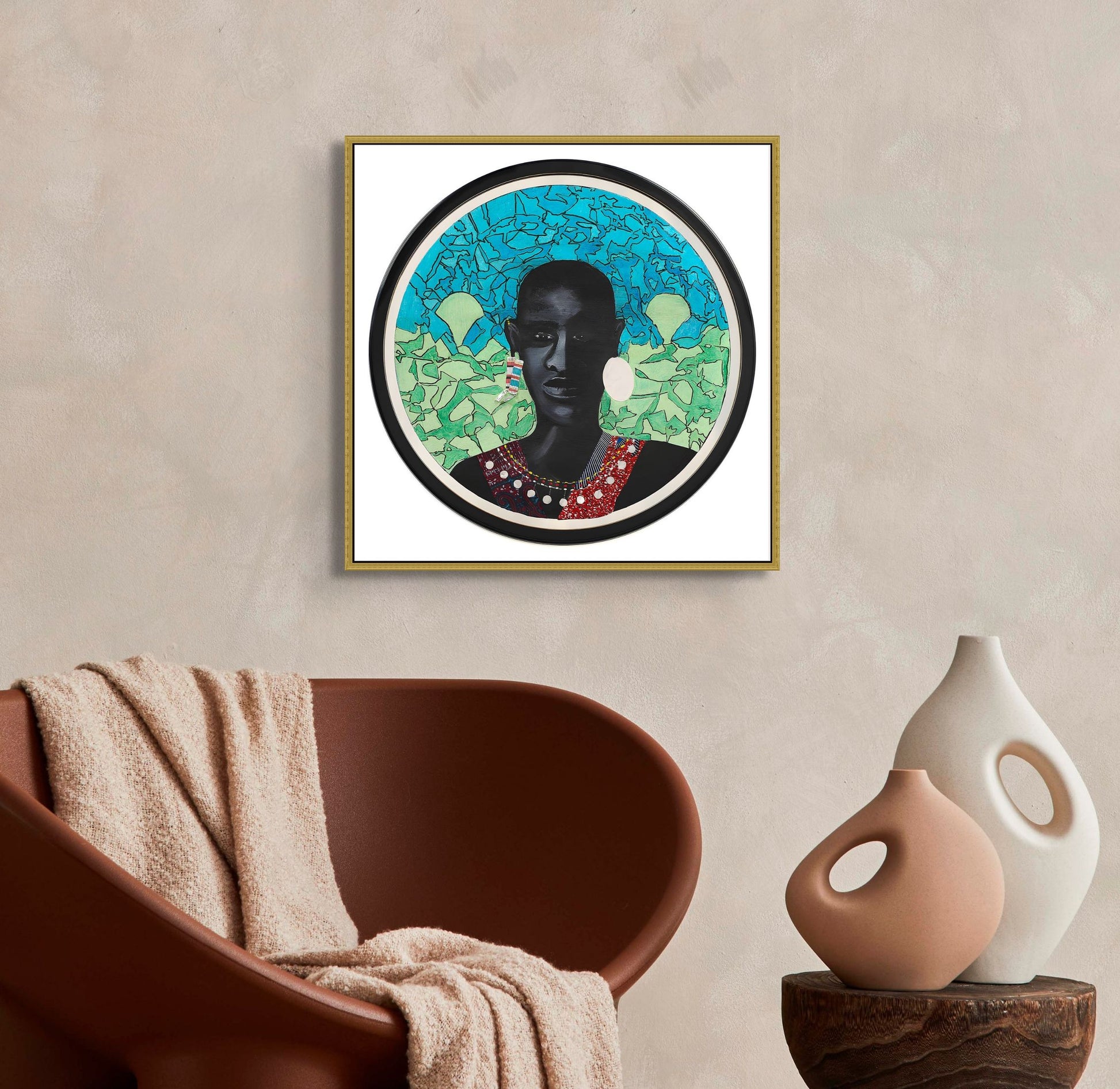 Masai Warrior - Framed Stretched Canvas - African Art Print -  artwork in modern afrocentric  living room framed in gold