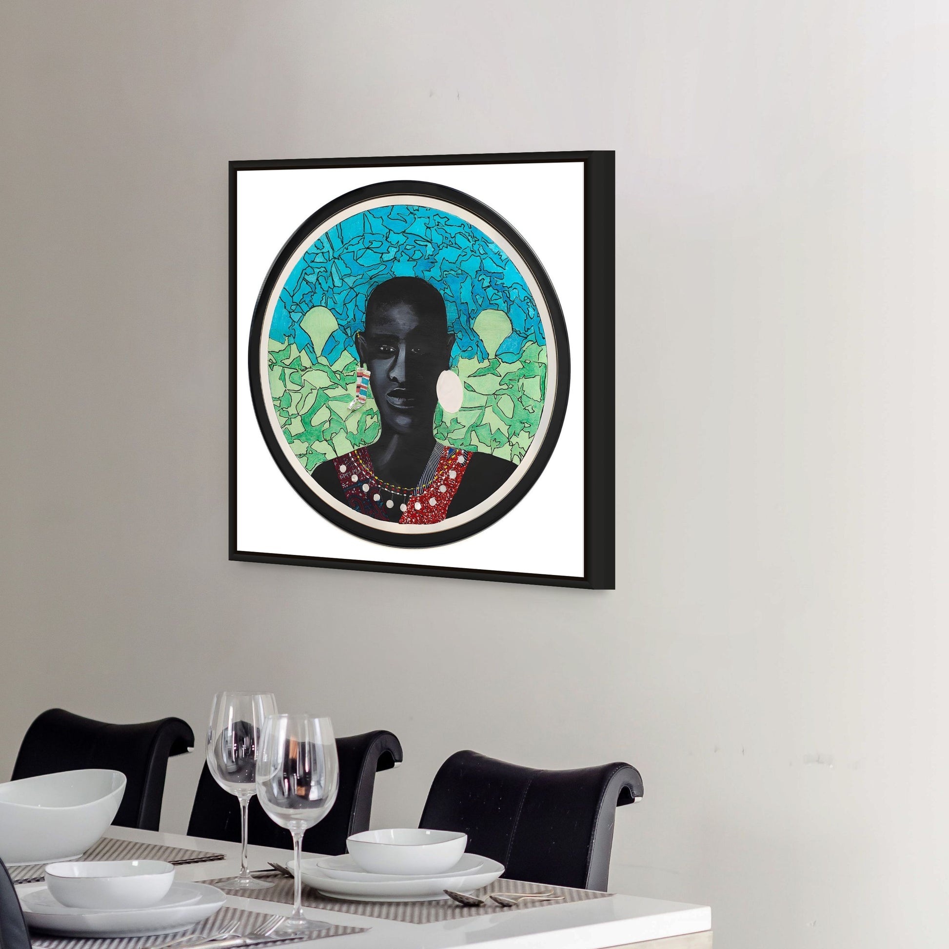 Masai Warrior - Framed Stretched Canvas - African Art Print -framed in black on dining room wall