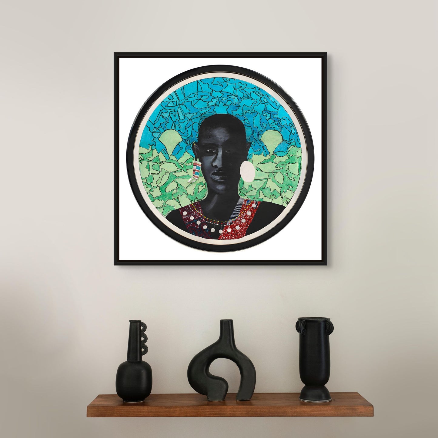Masai Warrior - Framed Stretched Canvas - African Art Print -  framed in black hung above small black vases