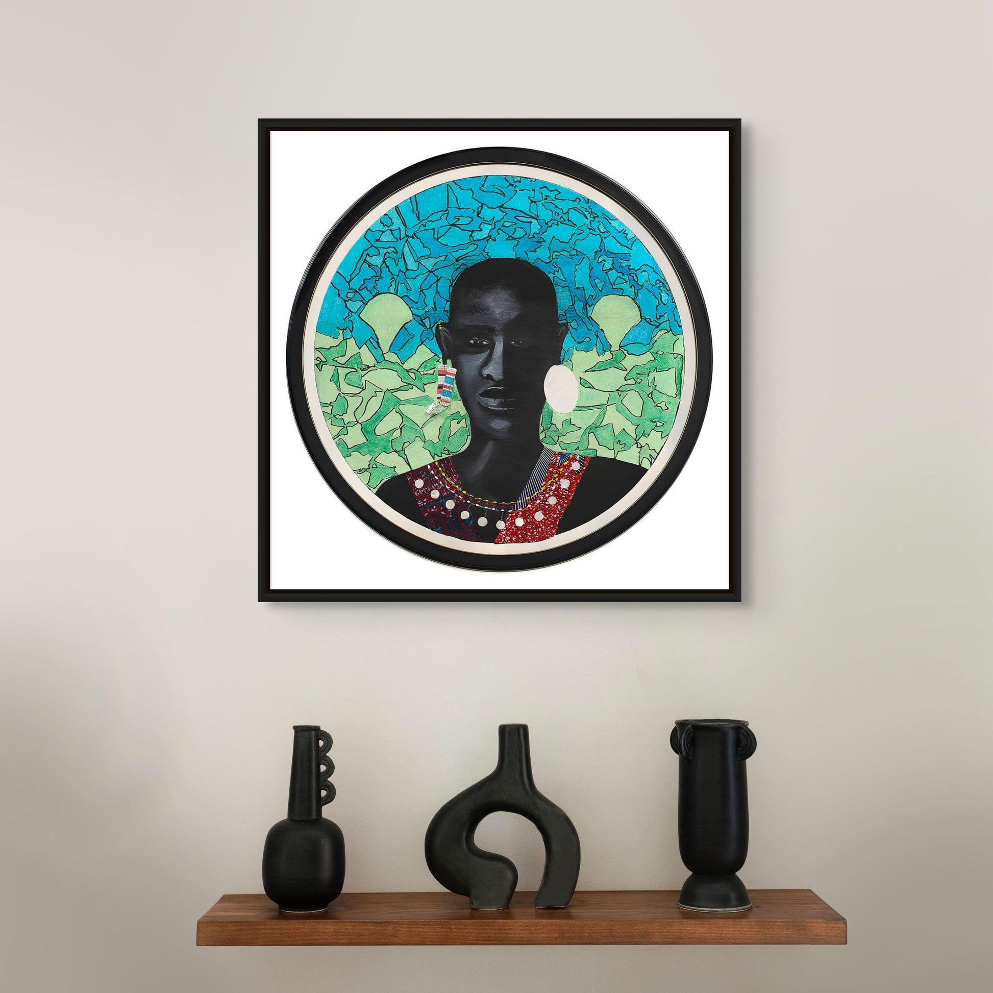 Masai Warrior - Framed Stretched Canvas - African Art Print -  framed in black hung above small black vases