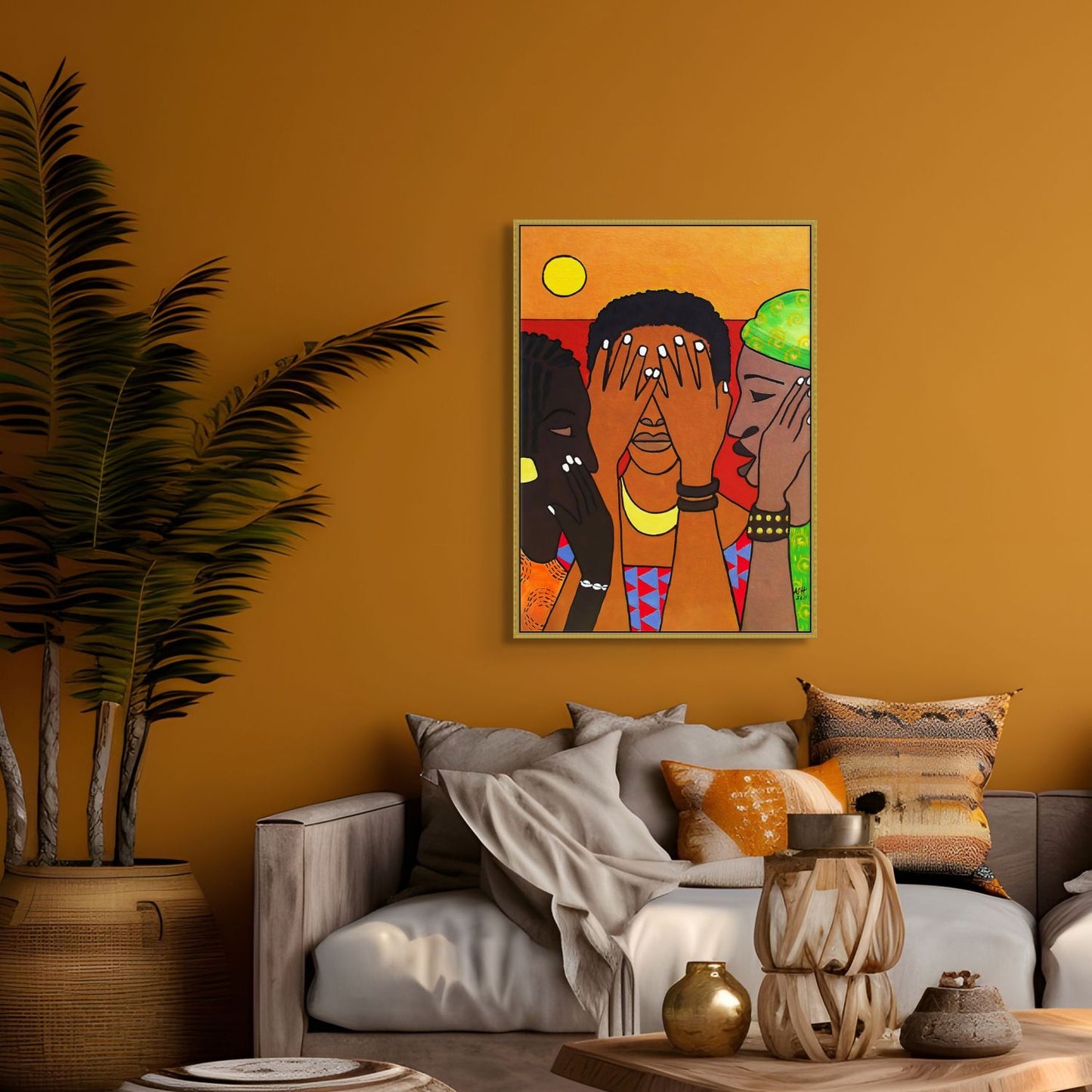 Hear No Evil, Speak No Evil, See No Evil - Framed Canvas Print - Women empowerment art - displayed in ethnic living room