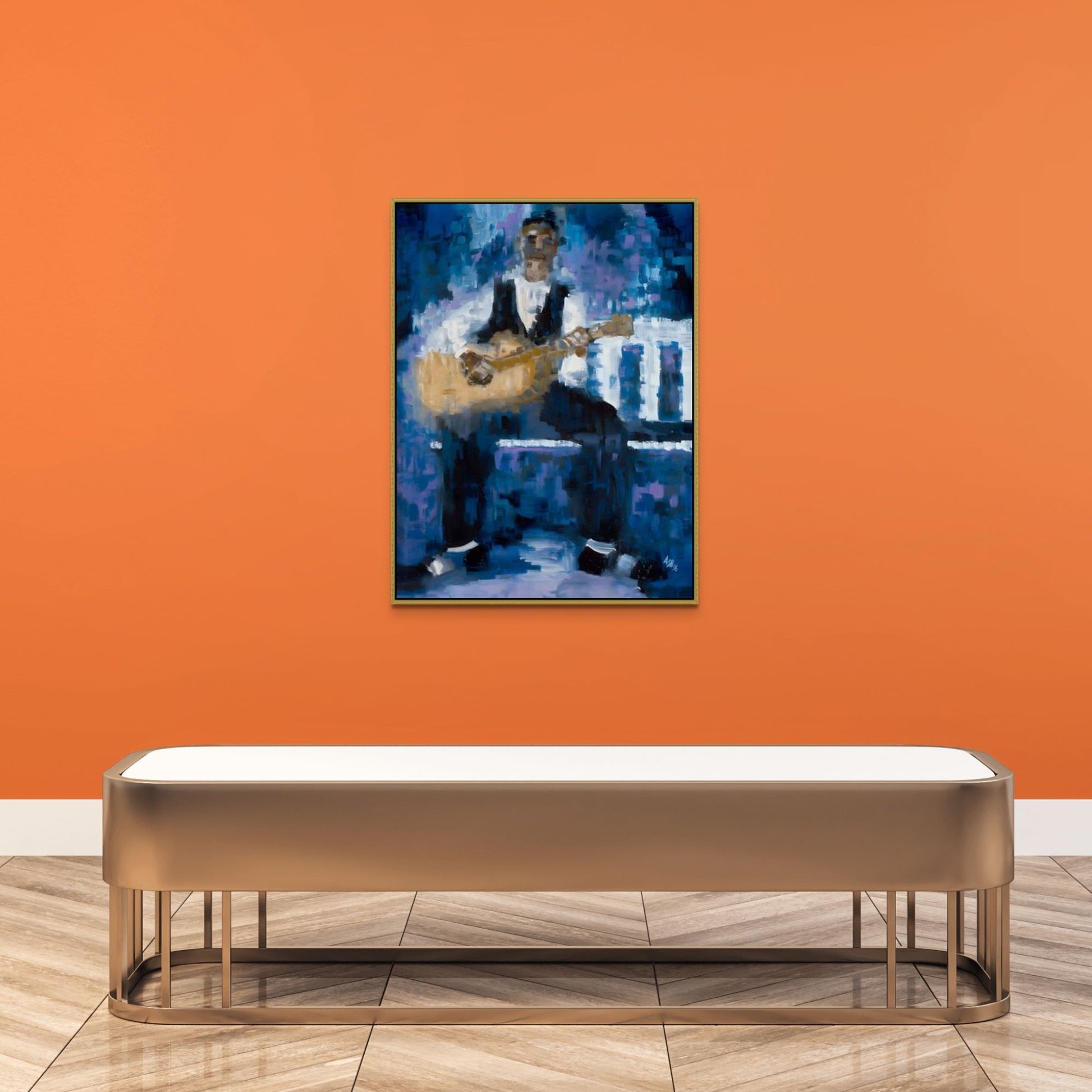 Country Rhythm - Framed Stretched Canvas – Black Musician Art - Guitar Player Print -hung in gallery  framed in gold