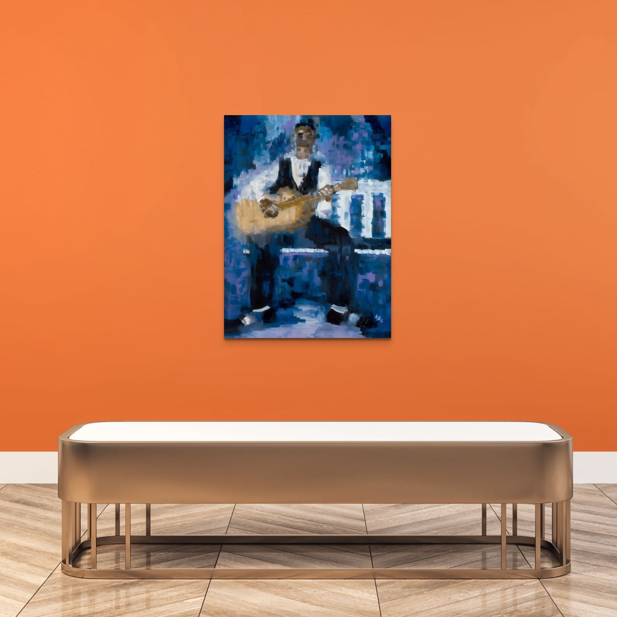 Country Rhythm - Guitar & Blues Music Art - Stretched Canvas - black artist guitar painting hung in gallery framed in gold