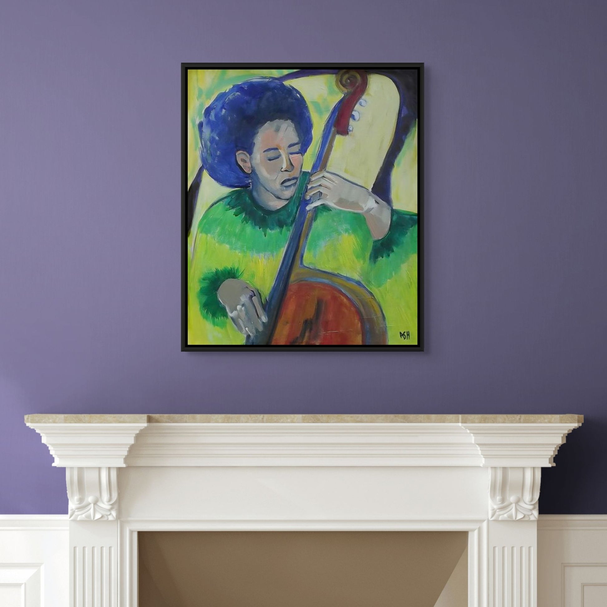 In Tune - Soulful Musician Art - Framed Canvas Print - framed and hung above a mantle 