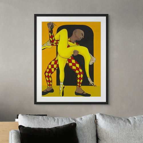 Dance of the Harlequin - Fine Art Print - vibrant color palette - hung in living room above gray sofa