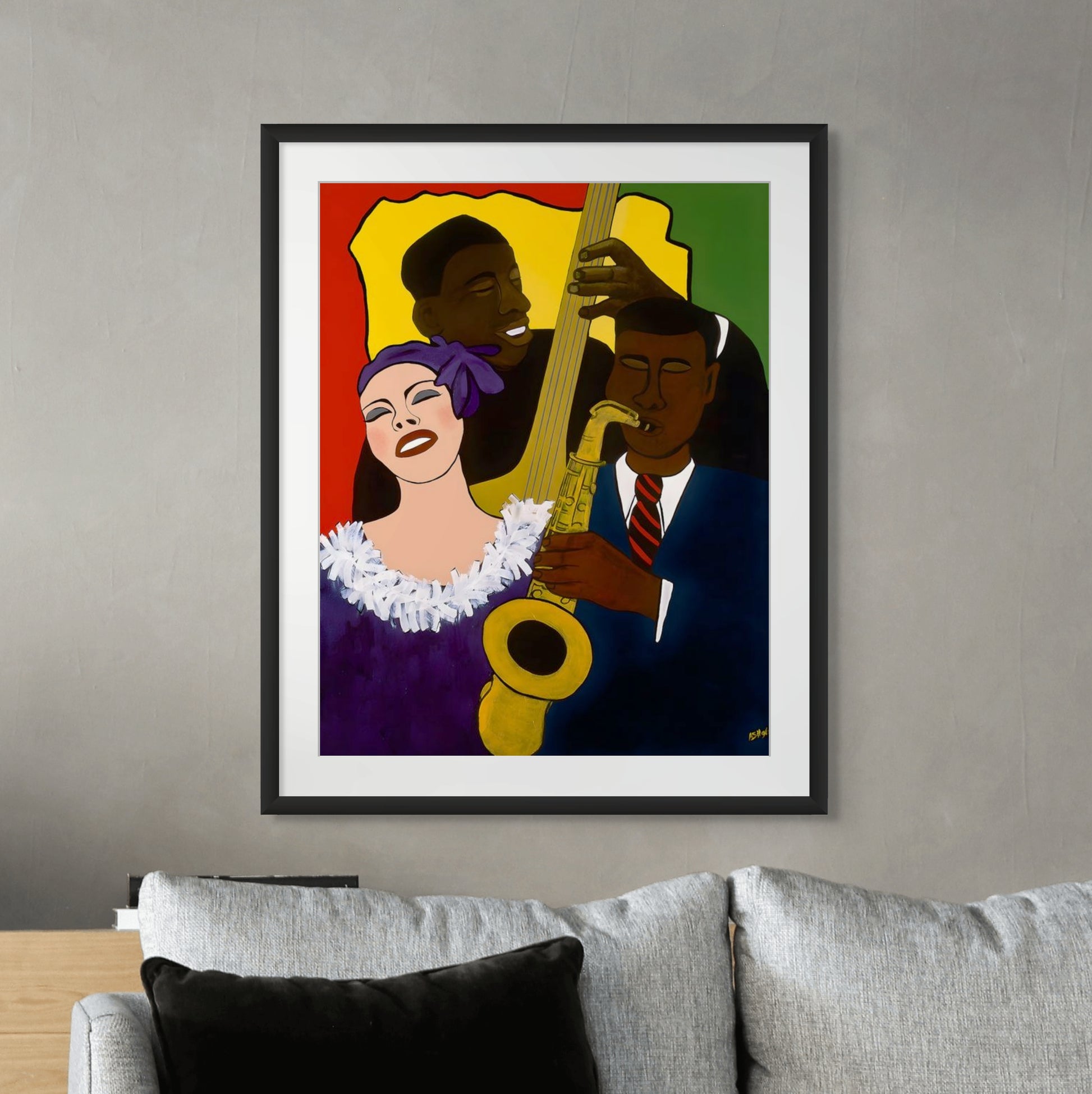 Feelin' The Rhythm - Black Jazz Music Trio Art print - framed and hung over gray sofa