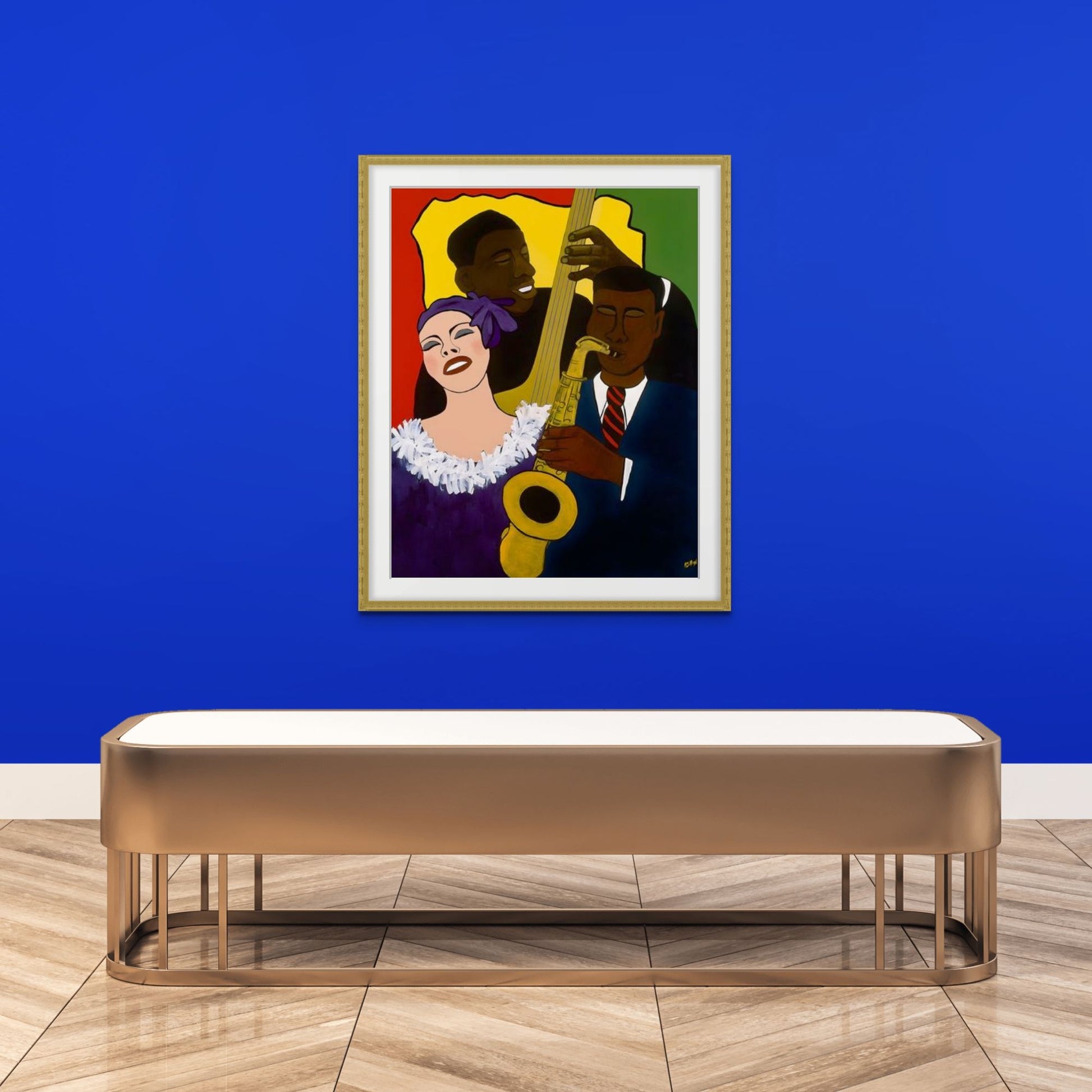 Feelin' The Rhythm - Black Jazz Music Trio Art print - on blue gallery wall framed in gold