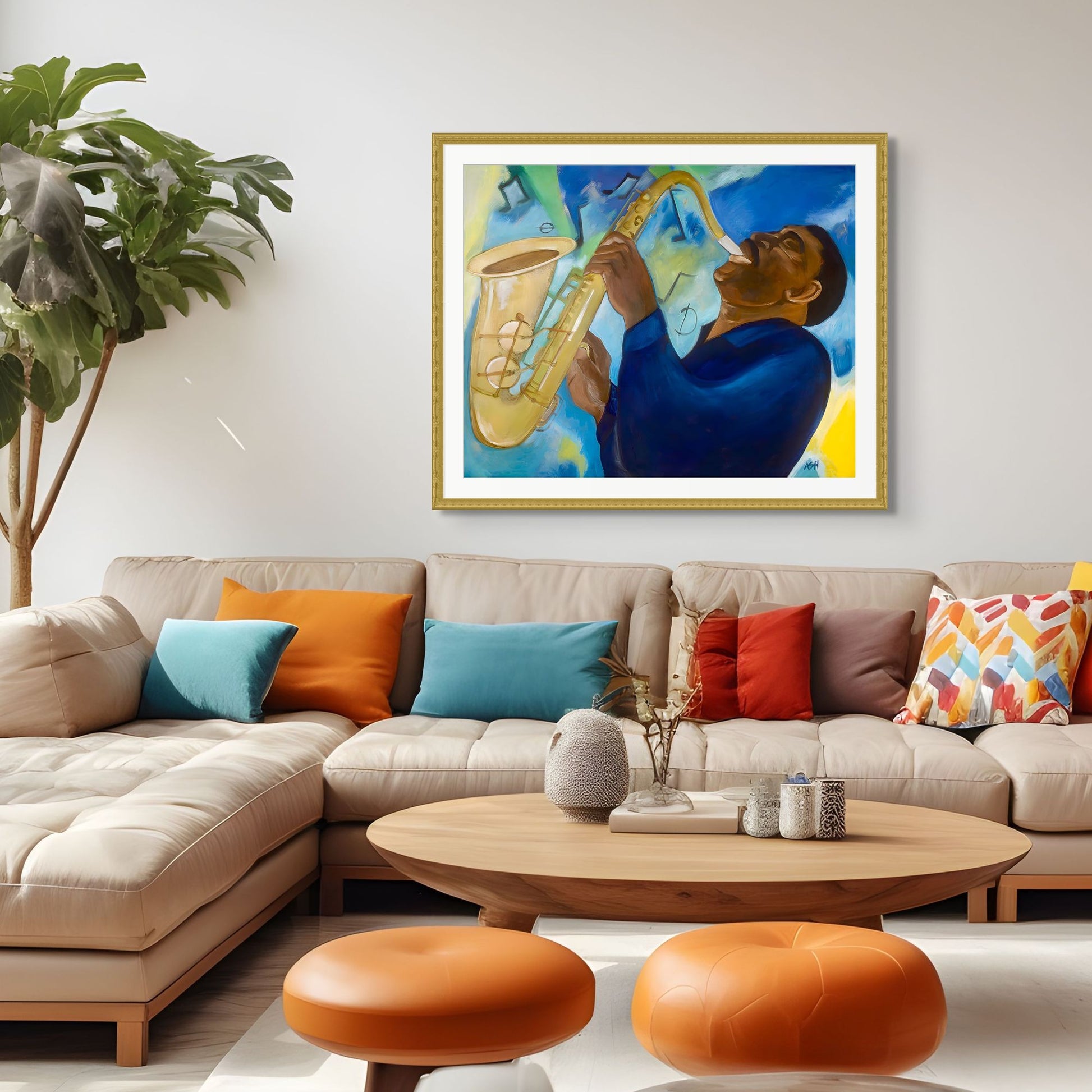 Groovin' - Saxophone Art Print - framed on wall in living room with colorful decor