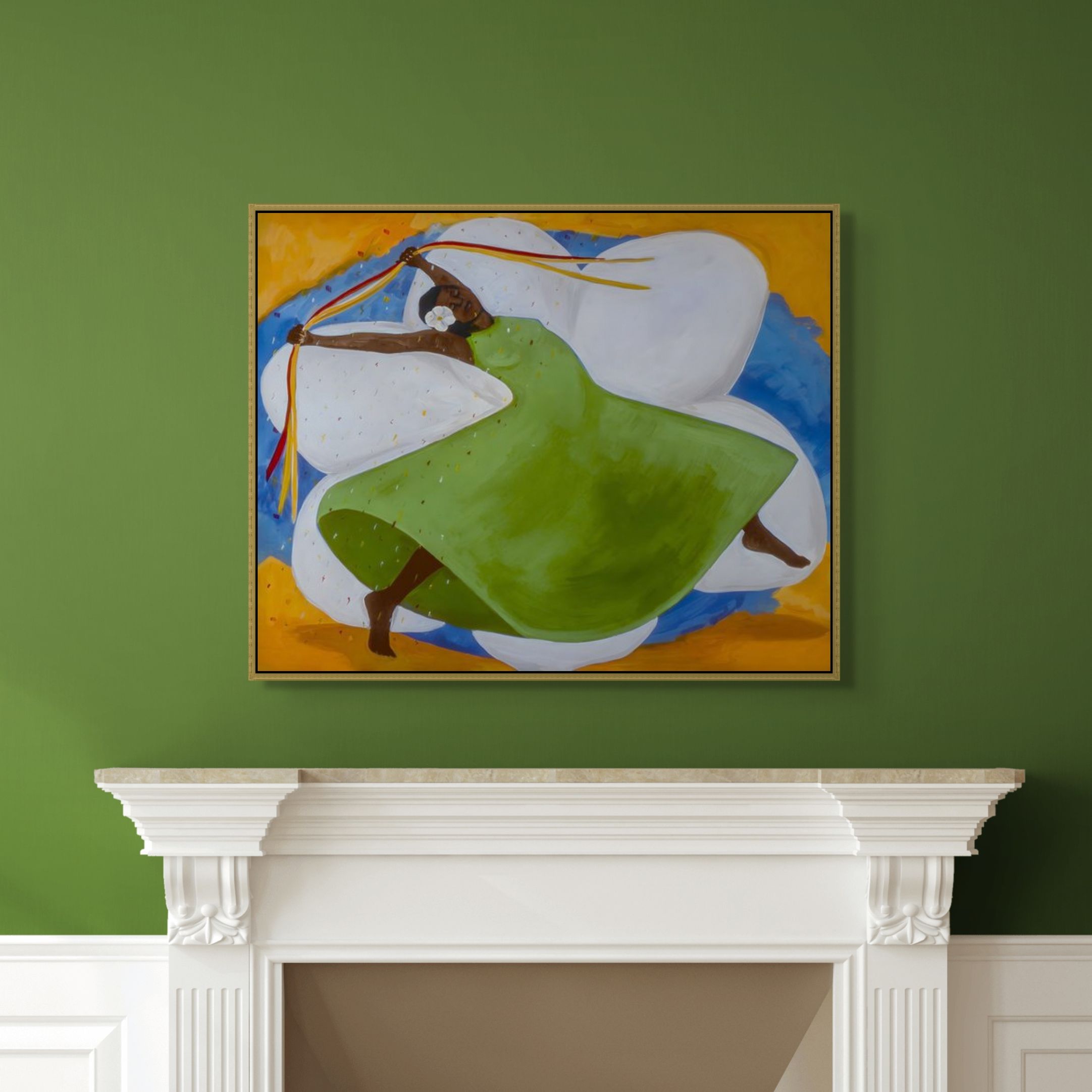 Carnival - Framed Stretched Canvas Black Art - Hung above mantle on green wall