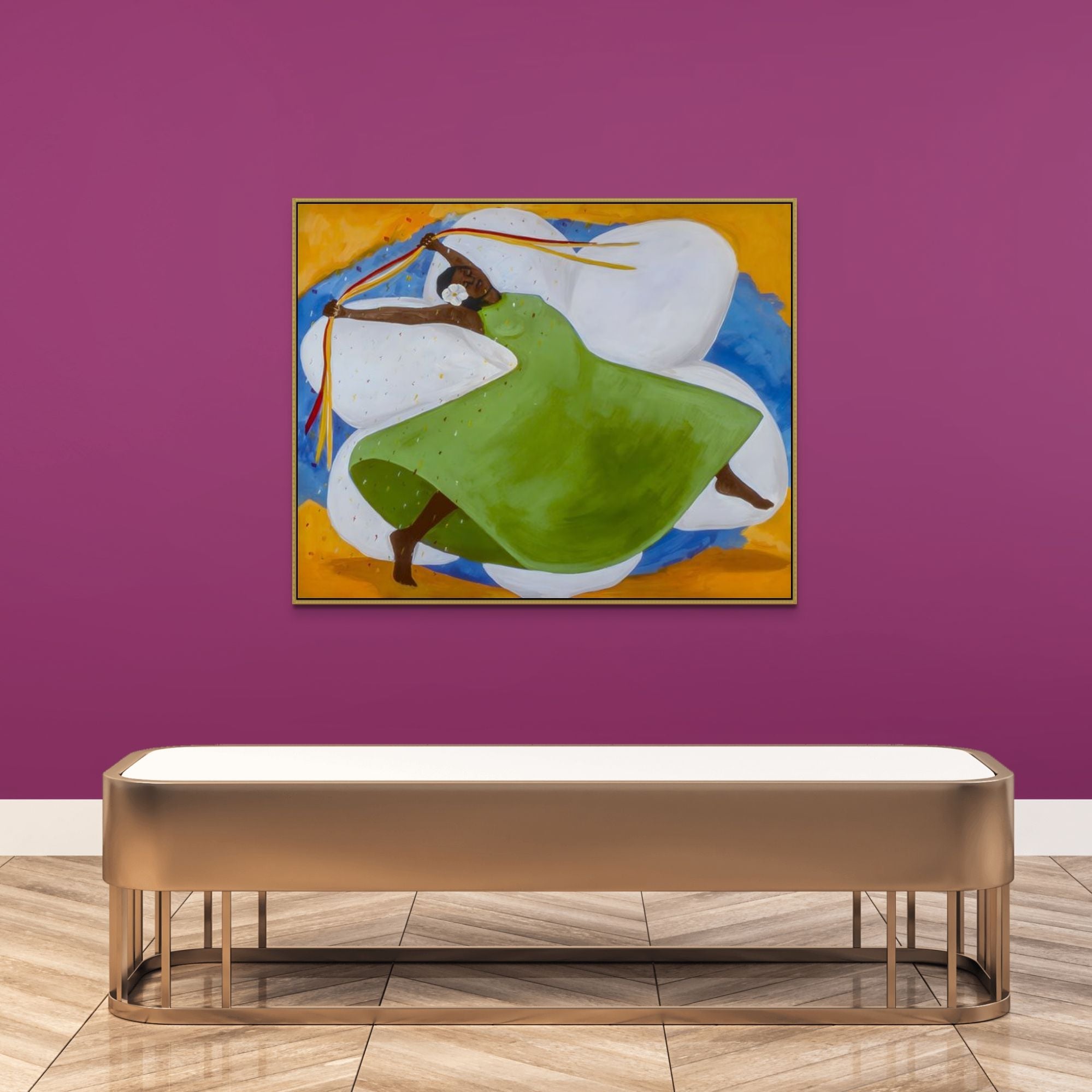 Carnival - Framed Stretched Canvas Print - framed in gold on purple gallery wall
